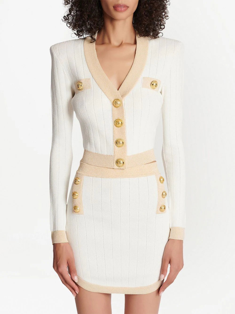 Balmain Off White Gold Ribbed Knit Cropped Cardigan Mini Skirt Set 38 6 40 8