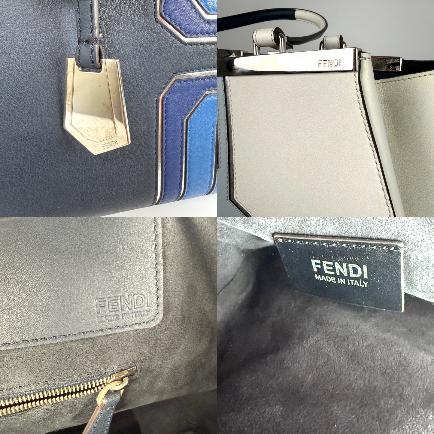 FENDI Vitello 3Jours Circuit Inlay Blue Navy White Large Shopping Tote Bag