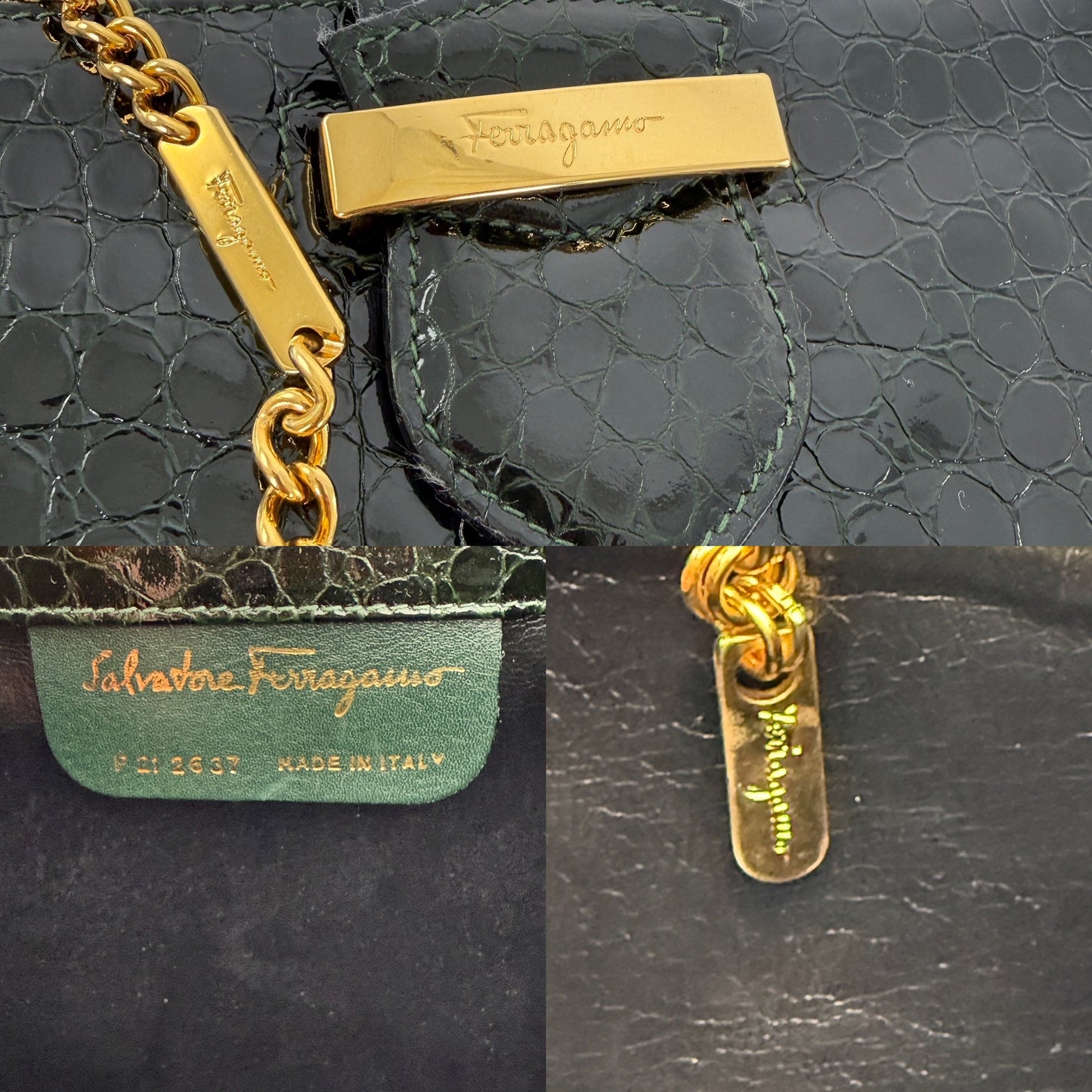 Vintage Salvatore Ferragamo Dark Green Croc Embossed Crossbody Clutch Chain Bag