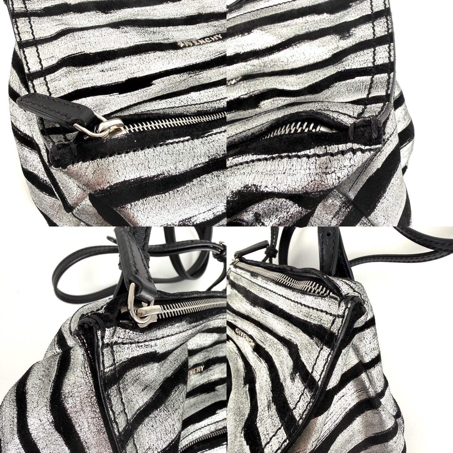 Givenchy Pandora Mini Black Silver Metallic Stripe Suede Leather Crossbody Bag