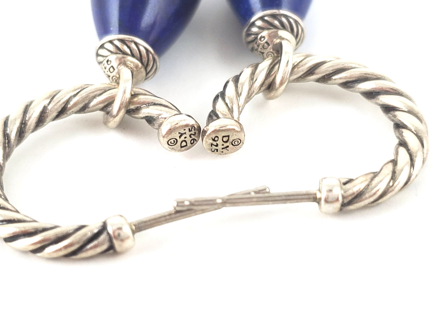 David Yurman Sterling Silver Color Classics Bead Drop Hoop Lapis Lazuli Earrings