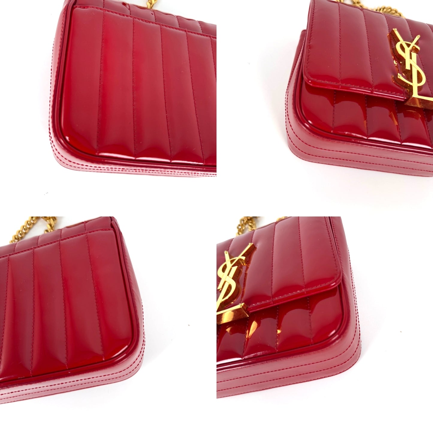 SAINT LAURENT Patent Matelasse Monogram Small Vicky Red Chain Bag