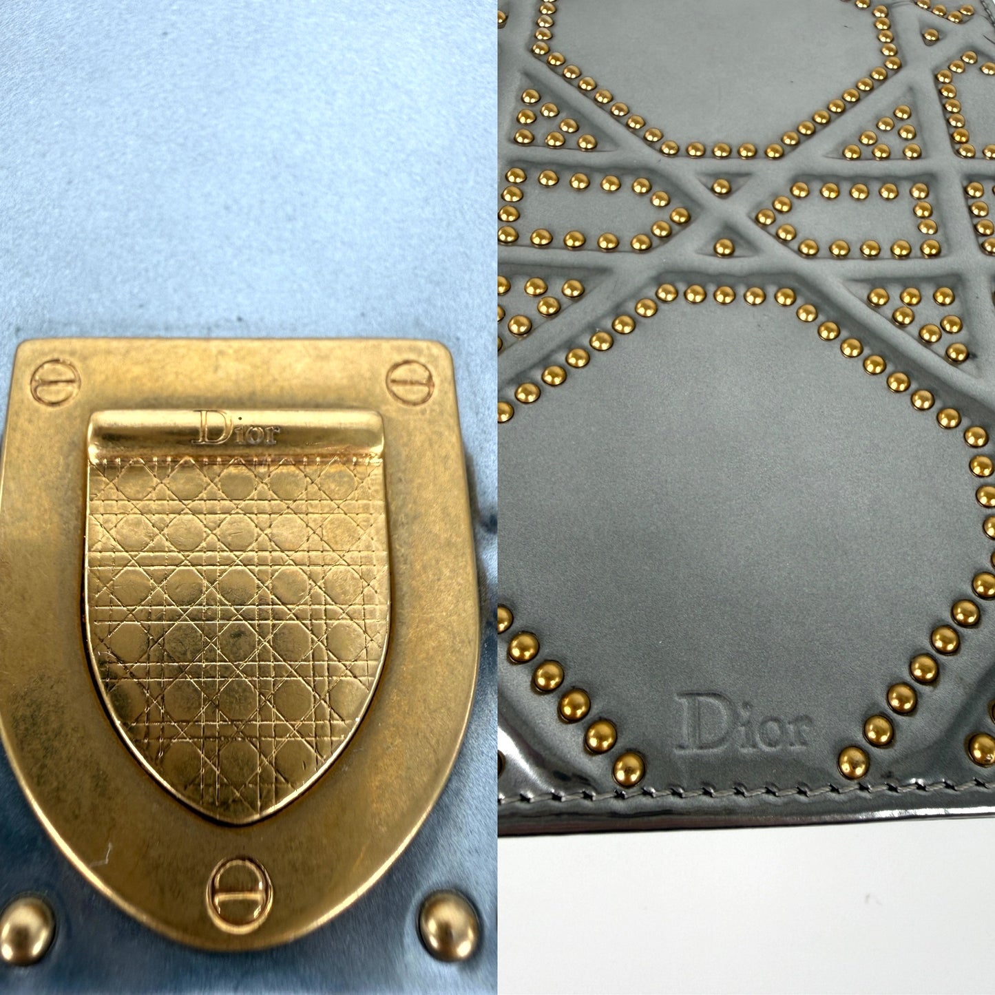 Christian Dior Diorama Vertical Studded Silver Metallic Leather Chain Crossbody Clutch Bag