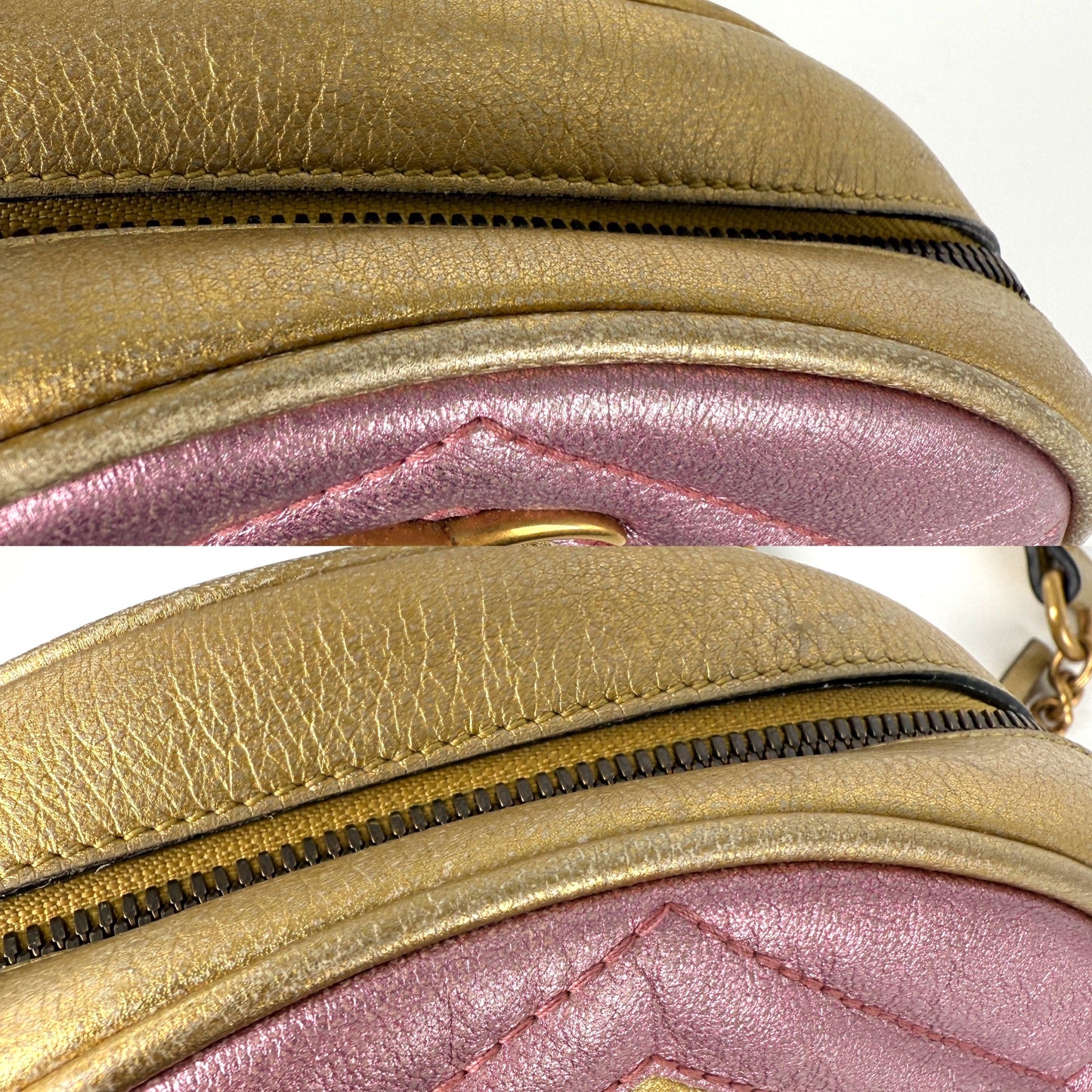 GUCCI Marmont Gold Pink Metallic Circle Crossbody Chain Bag