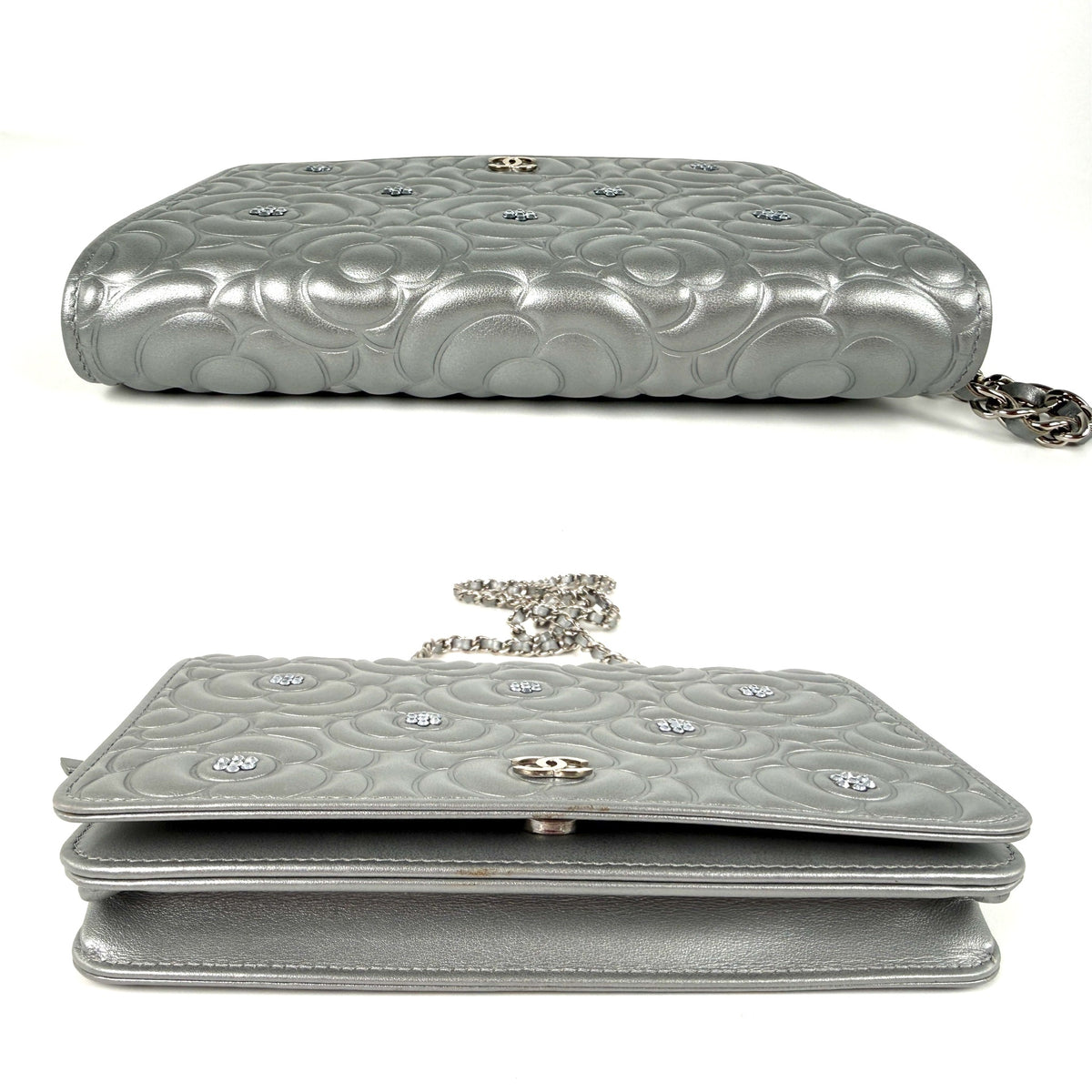CHANEL Silver Crystal Camelia Embossed Wallet on Chain WOC Crossbody Bag