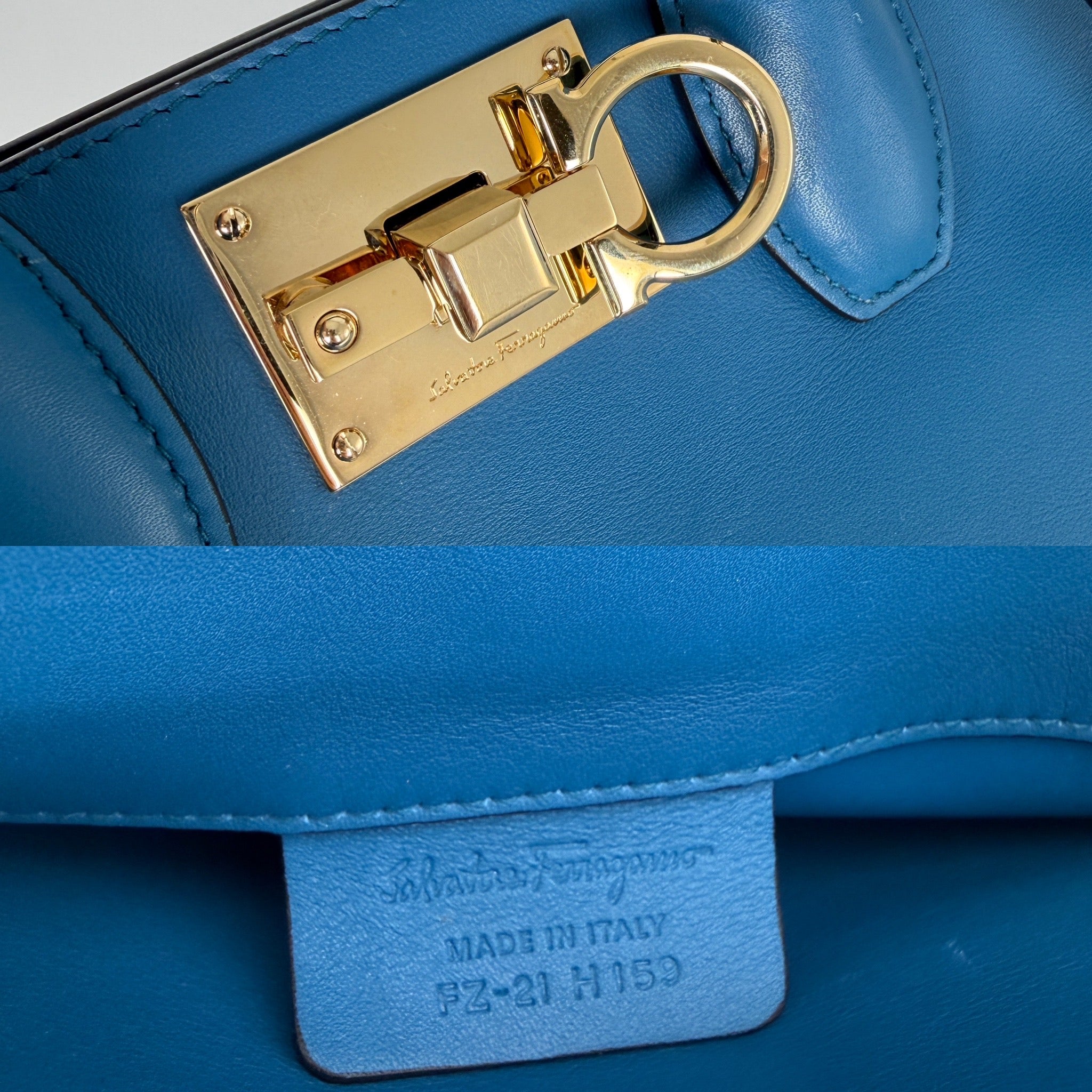 Salvatore Ferragamo Studio Gancini Blue Leather Top Handle
