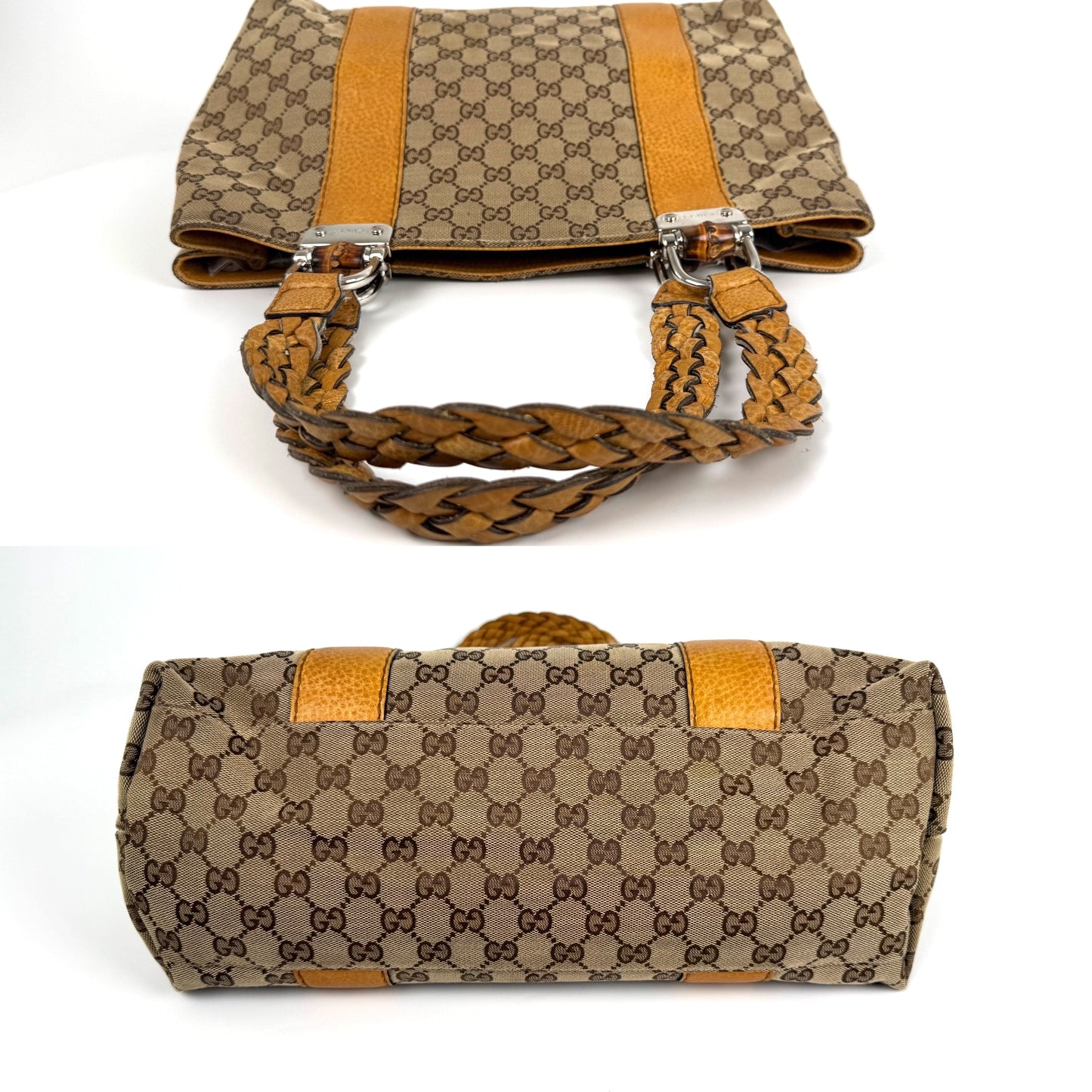 GUCCI Vintage Libeccio GG Canvas Bamboo Brown Tan Tote Bag