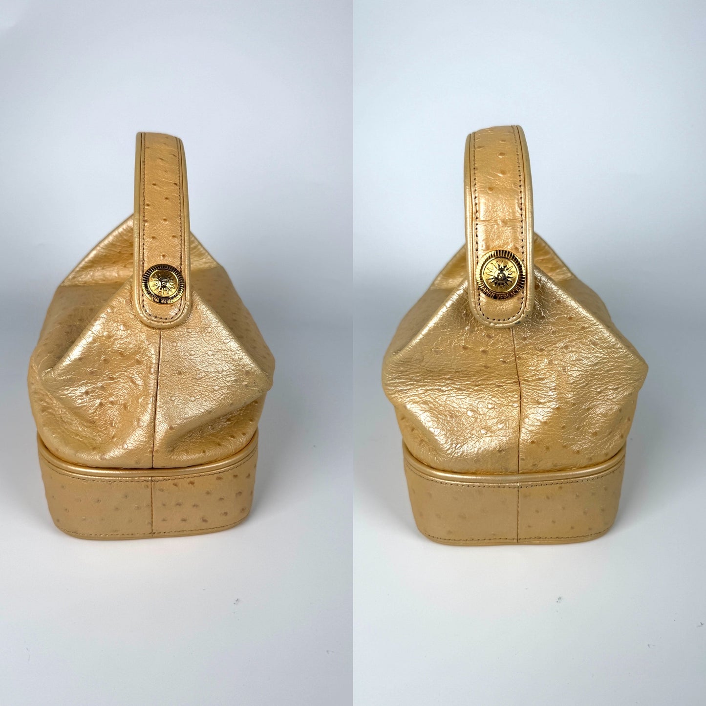 Gianni Versace Vintage Gold Vanity Ostrich Leather Top Handle Bag