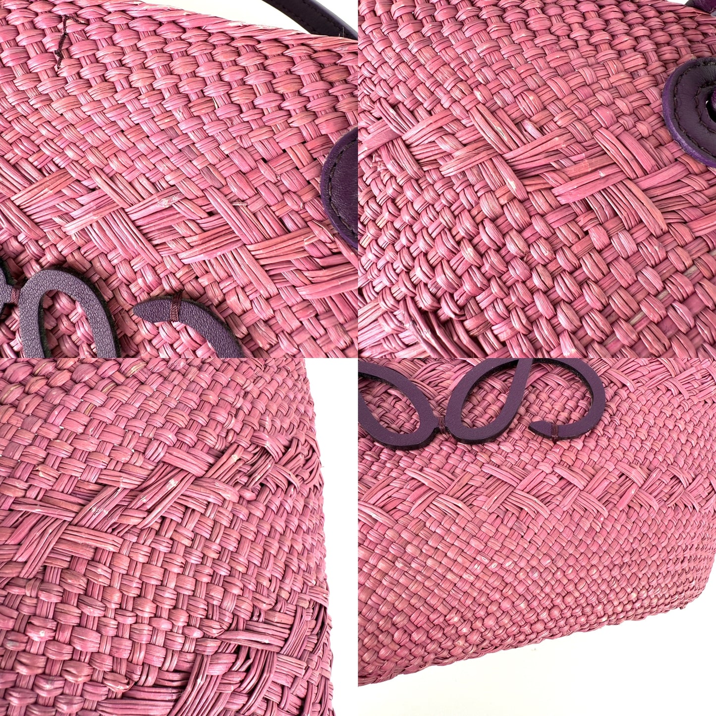 LOEWE Anagram Basket Medium Iraca Palm Leather Purple Pink Tote Bag