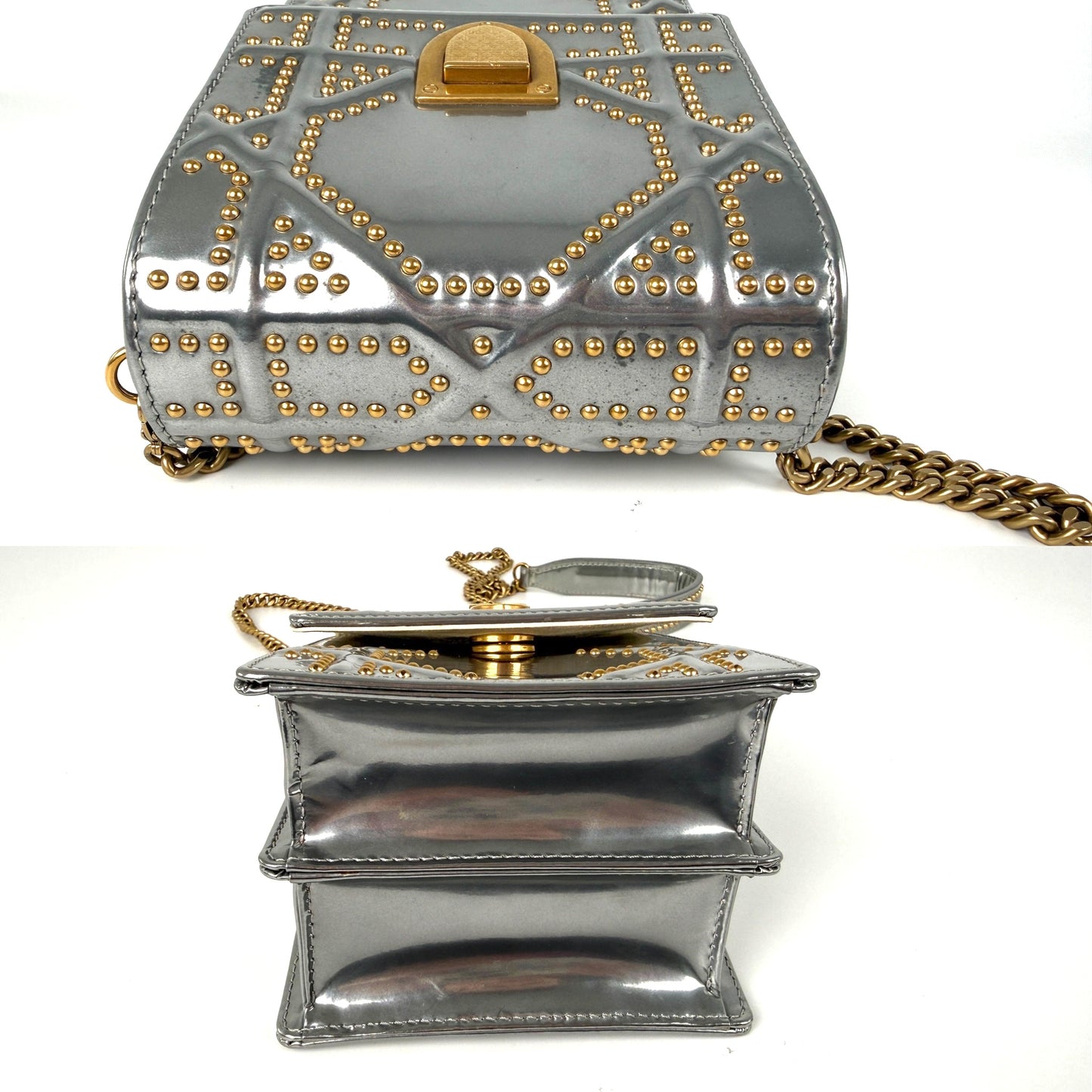 Christian Dior Diorama Vertical Studded Silver Metallic Leather Chain Crossbody Clutch Bag