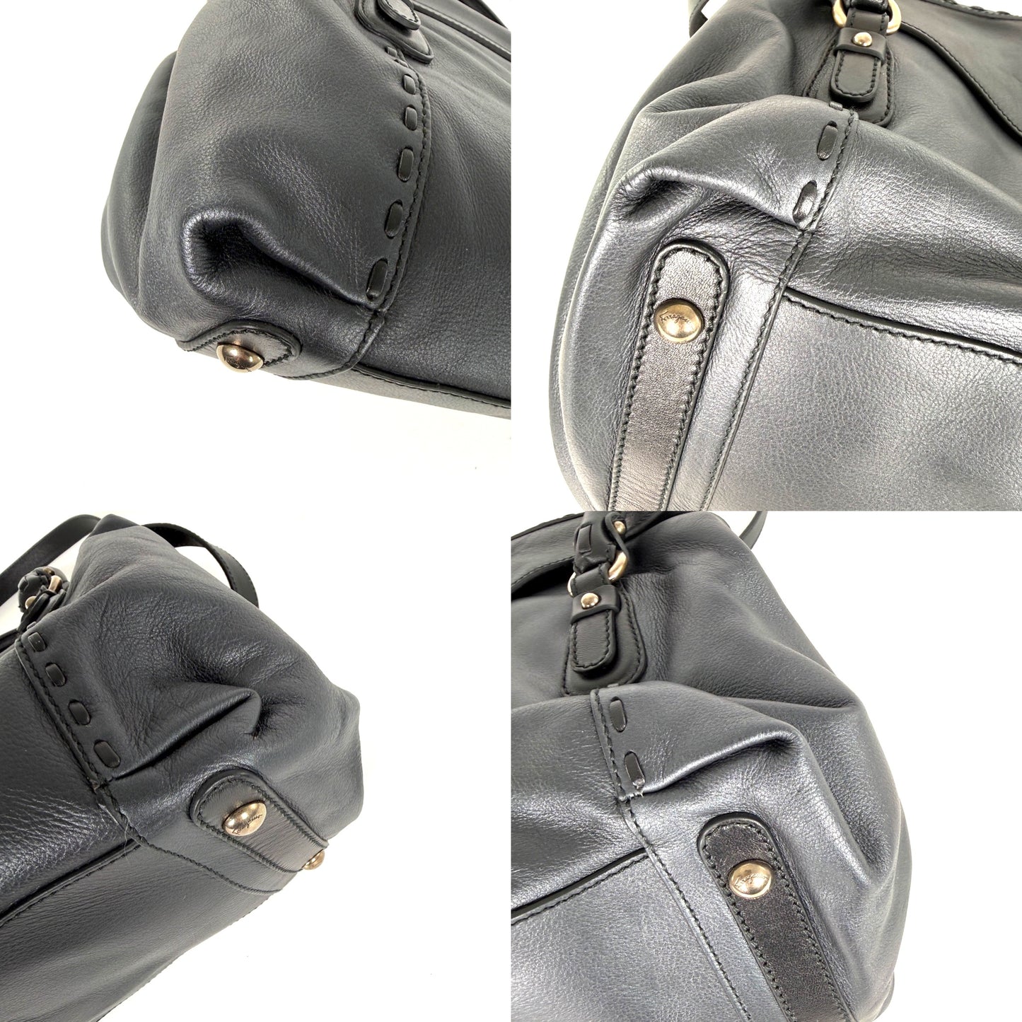 Salvatore Ferragamo Gancini Black Whipstitch Leather Top Handle Crossbody Tote Bag