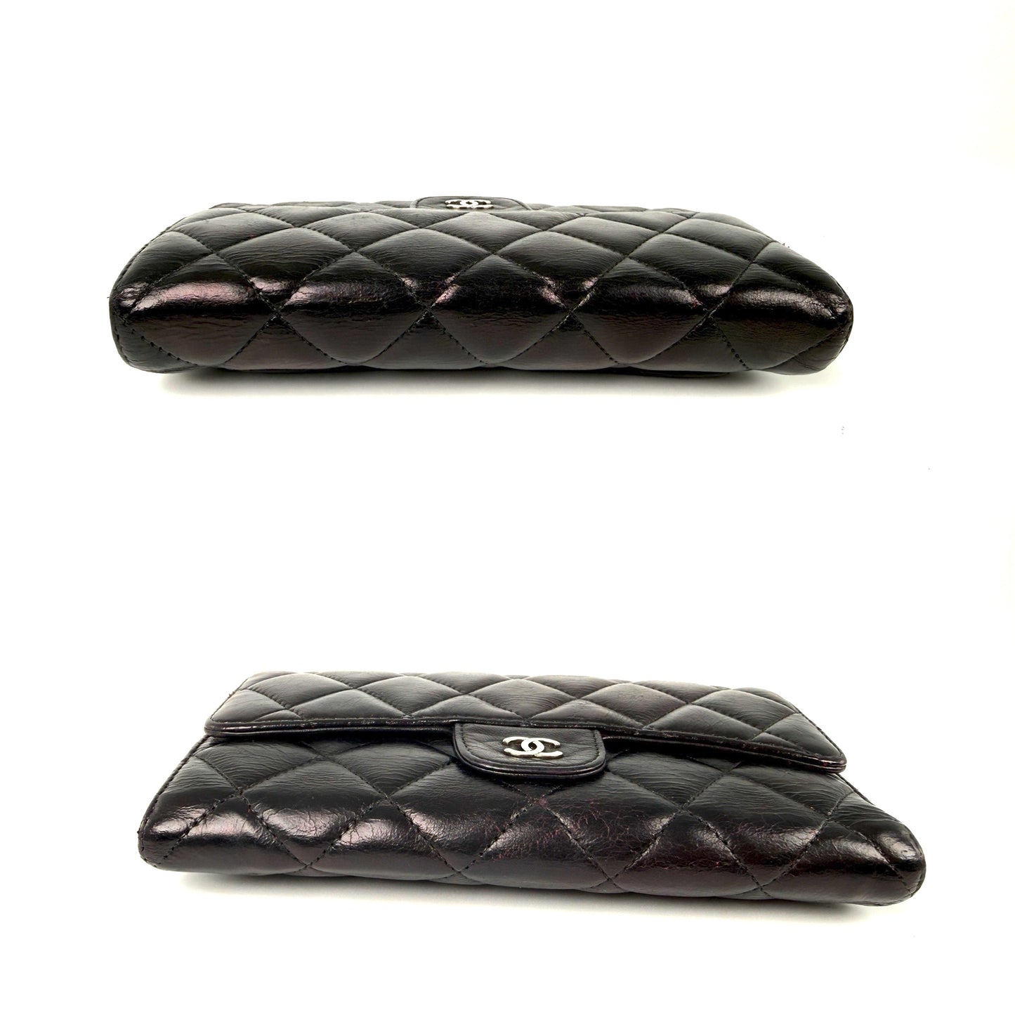 Chanel Vintage Black Trifold Quilted Leather Long CC Flap Wallet
