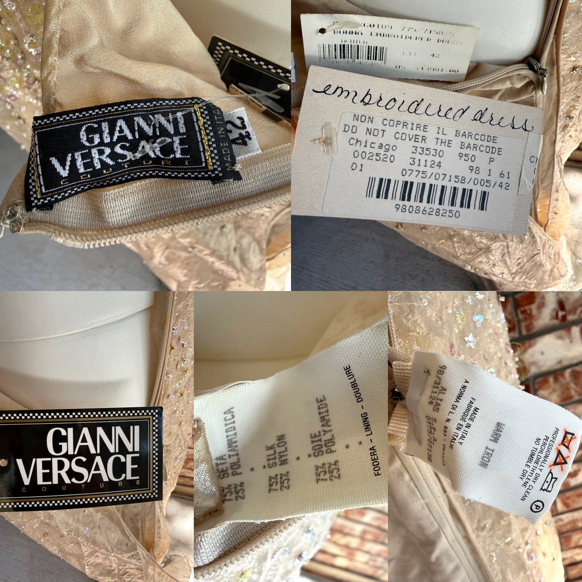 Gianni Versace Couture Era Vintage 1996 Sequin Embroidered Light Beige Donna Evening Open Back Gown 42