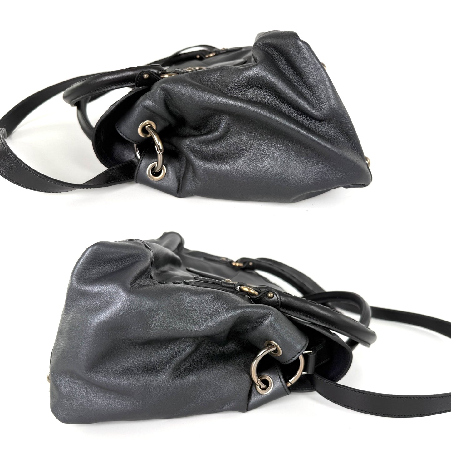 Salvatore Ferragamo Gancini Black Whipstitch Leather Top Handle Crossbody Tote Bag