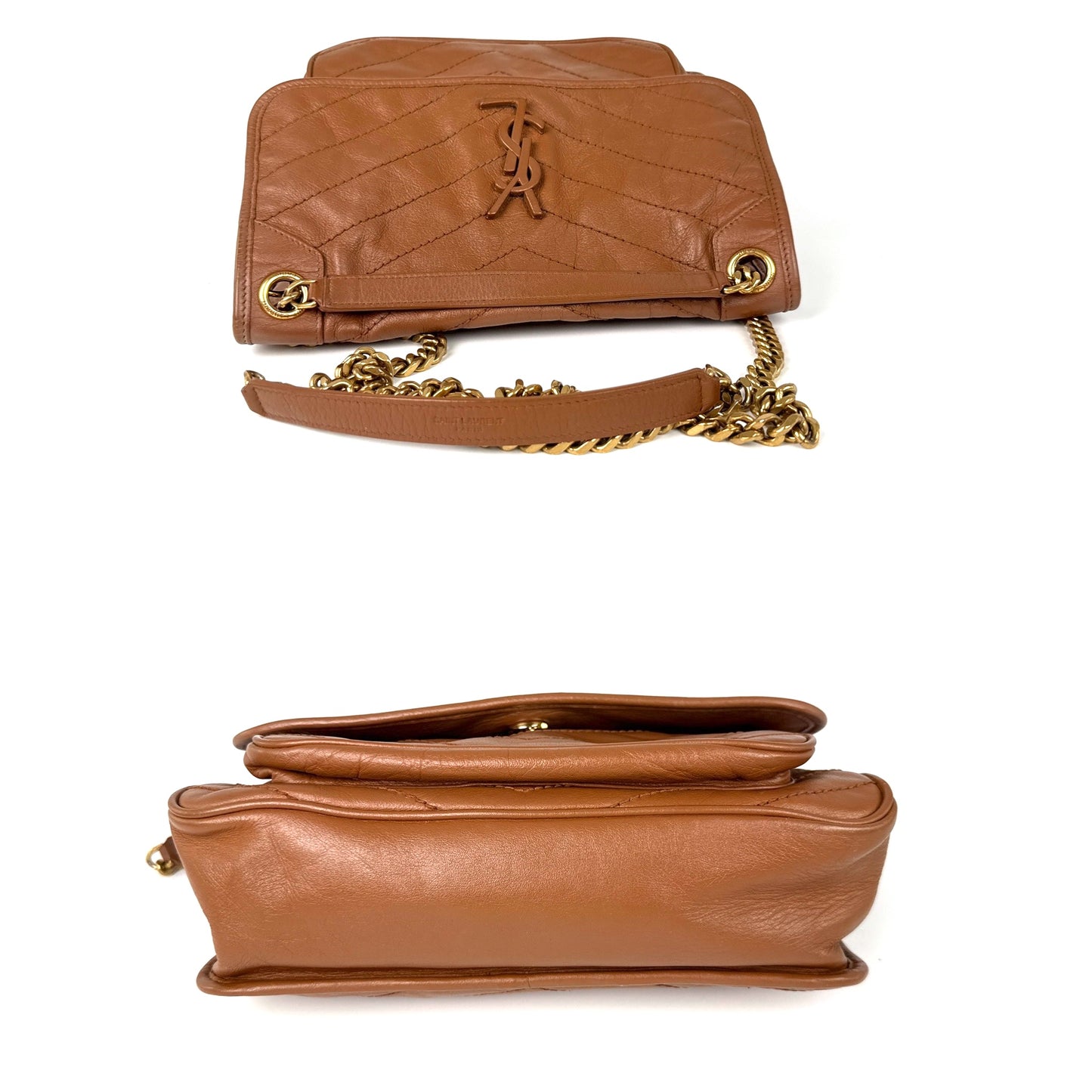 Saint Laurent YSL Niki Crinkled Calfskin Matelasse Monogram Brown Leather Crossbody Bag