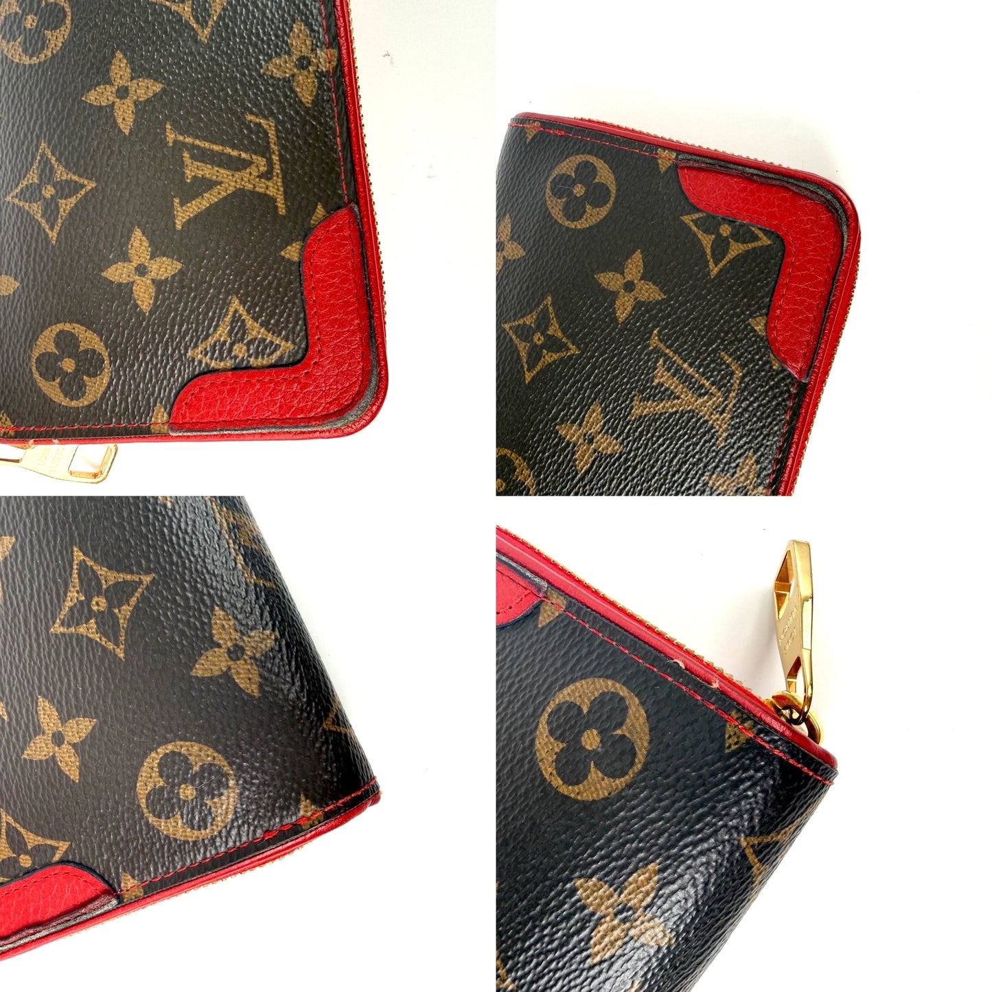 LOUIS VUITTON Retiro Monogram Coated Canvas Red Leather Zip Long Wallet