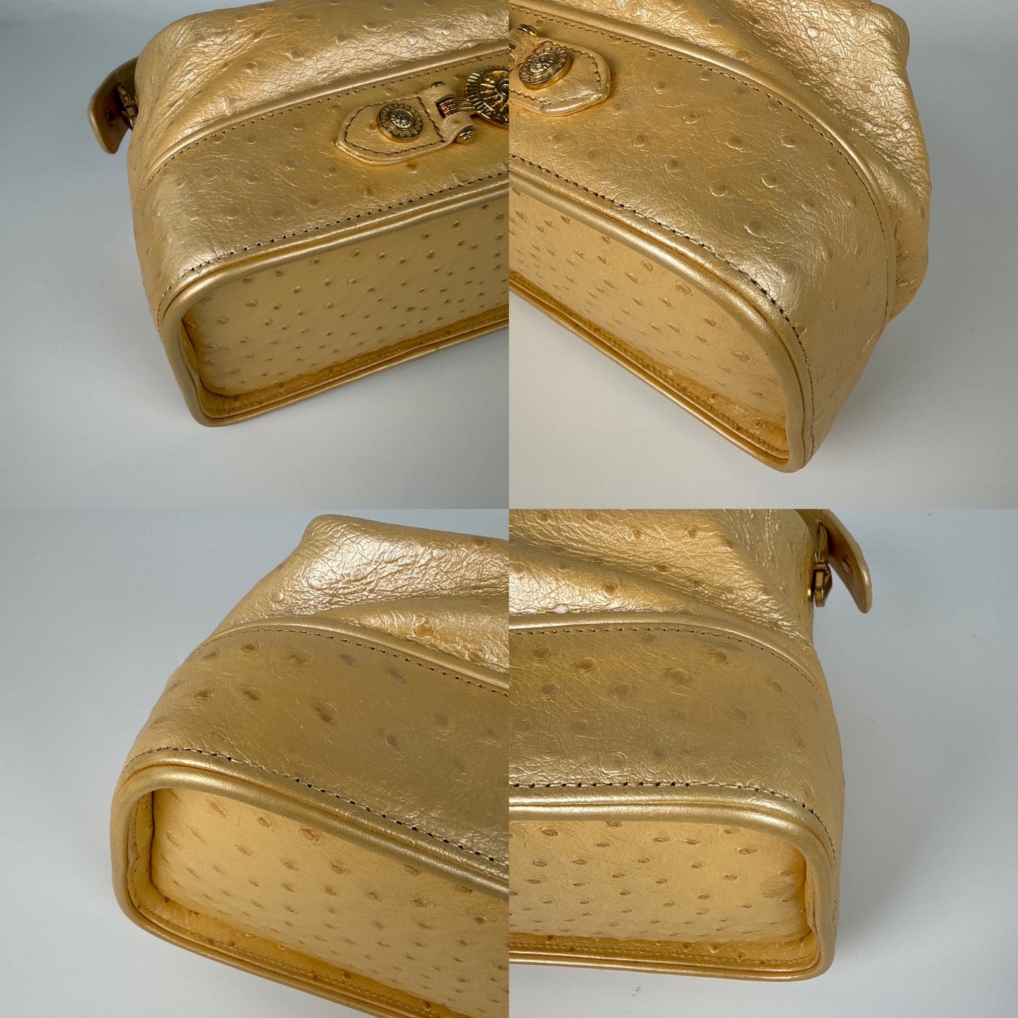 Gianni Versace Vintage Gold Vanity Ostrich Leather Top Handle Bag