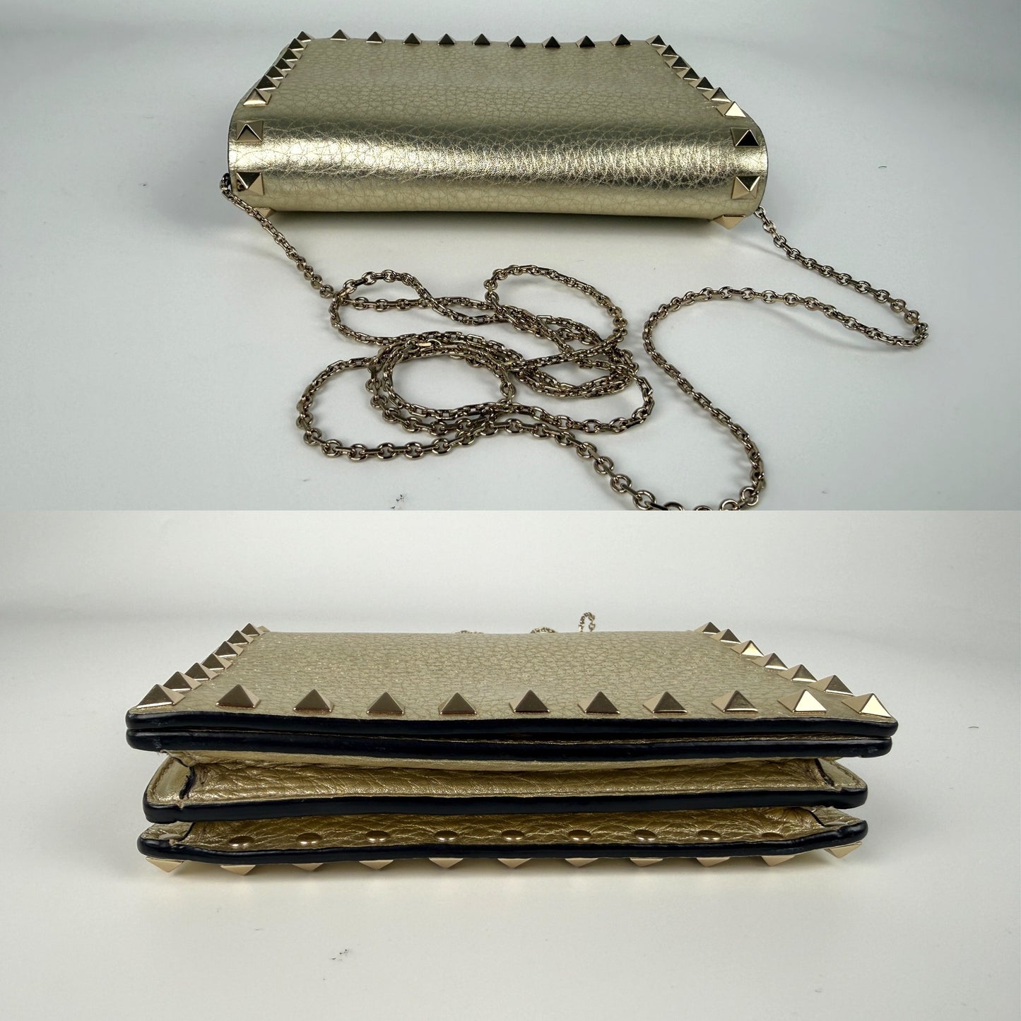 Valentino Garavani Rockstud Gold Leather Chain Crossbody Wallet on the Chain Bag