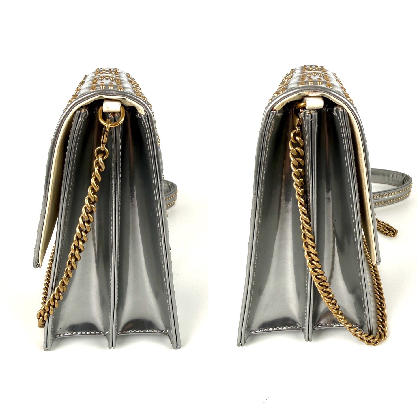 Christian Dior Diorama Vertical Studded Silver Metallic Leather Chain Crossbody Clutch Bag