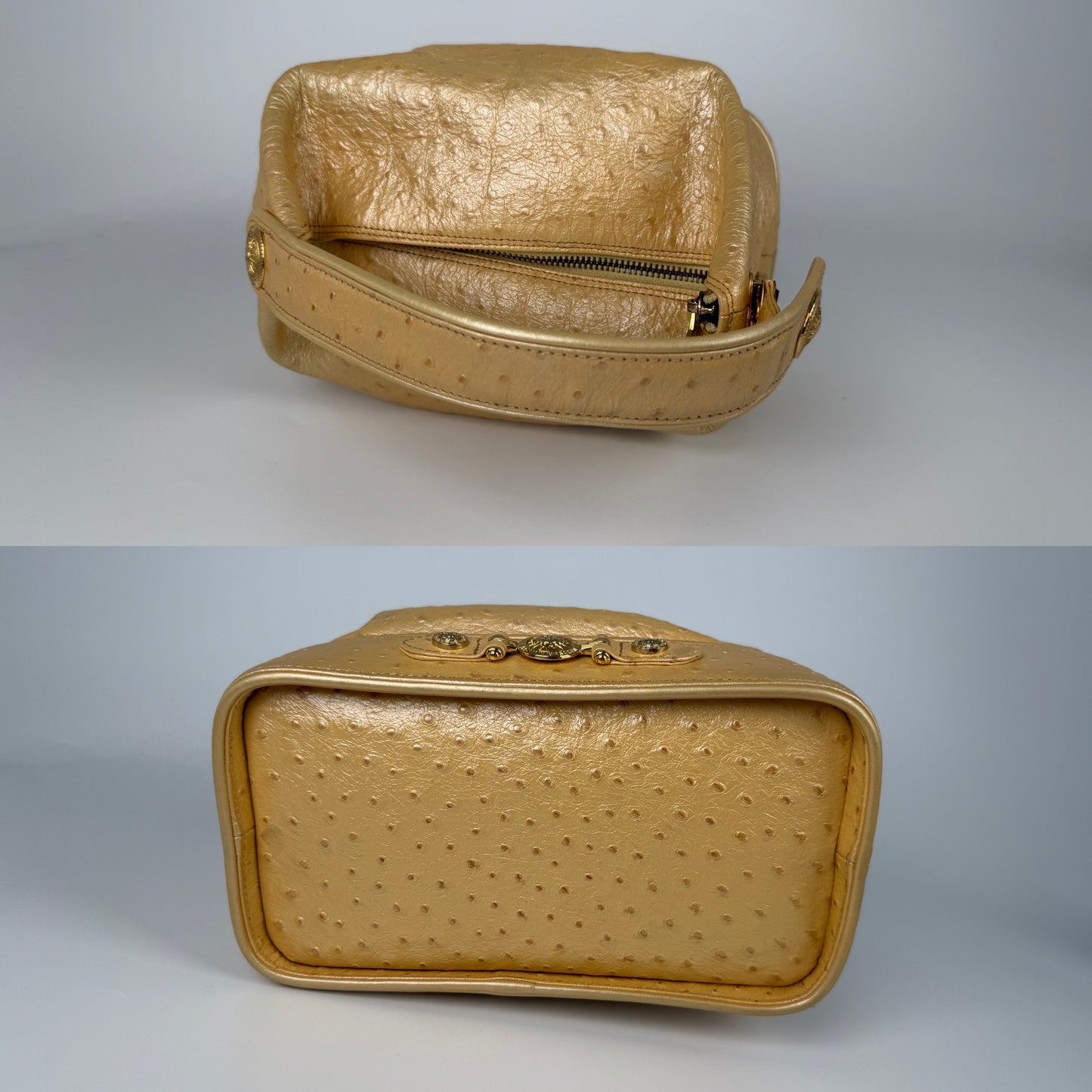 Gianni Versace Vintage Gold Vanity Ostrich Leather Top Handle Bag