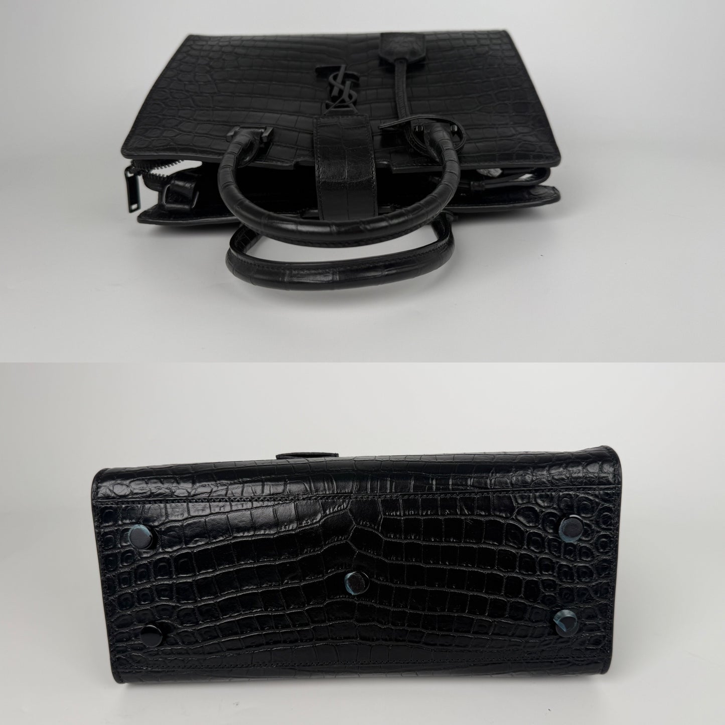 Saint Laurent YSL Croc Embossed So Black Cabas Leather Crossbody Top Handle Bag