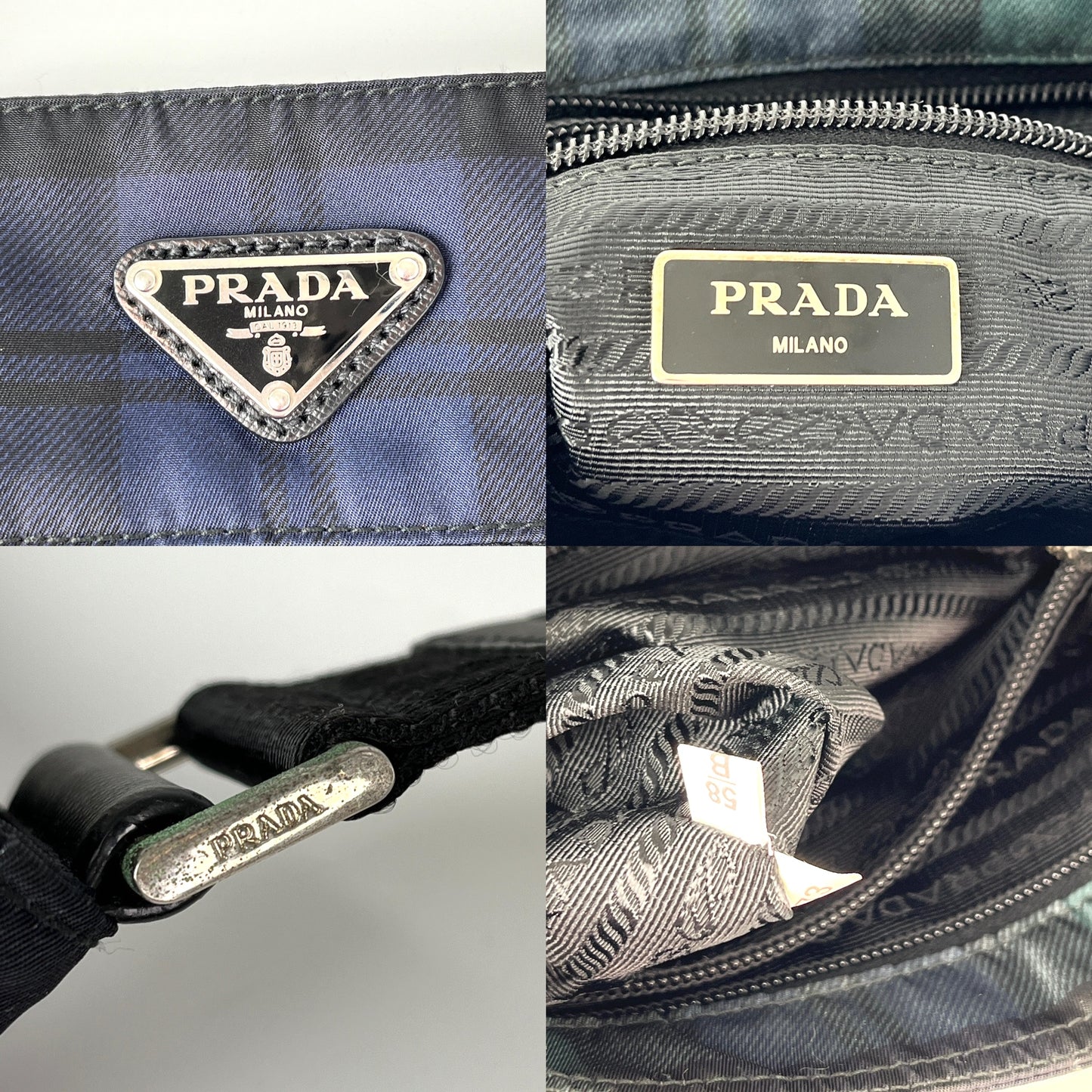 PRADA Nylon Tessuto Printed Plaid Black Green Blue Crossbody Messenger Bag