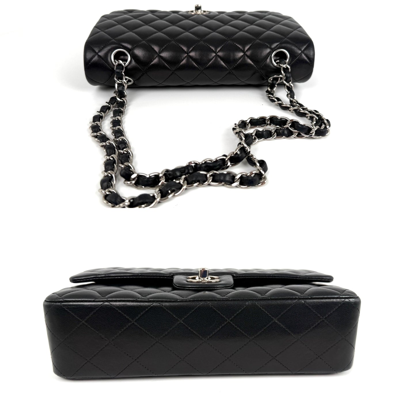 CHANEL Classic Medium Double Flap Black Quilted Leather Silver Hardware Flap Bag