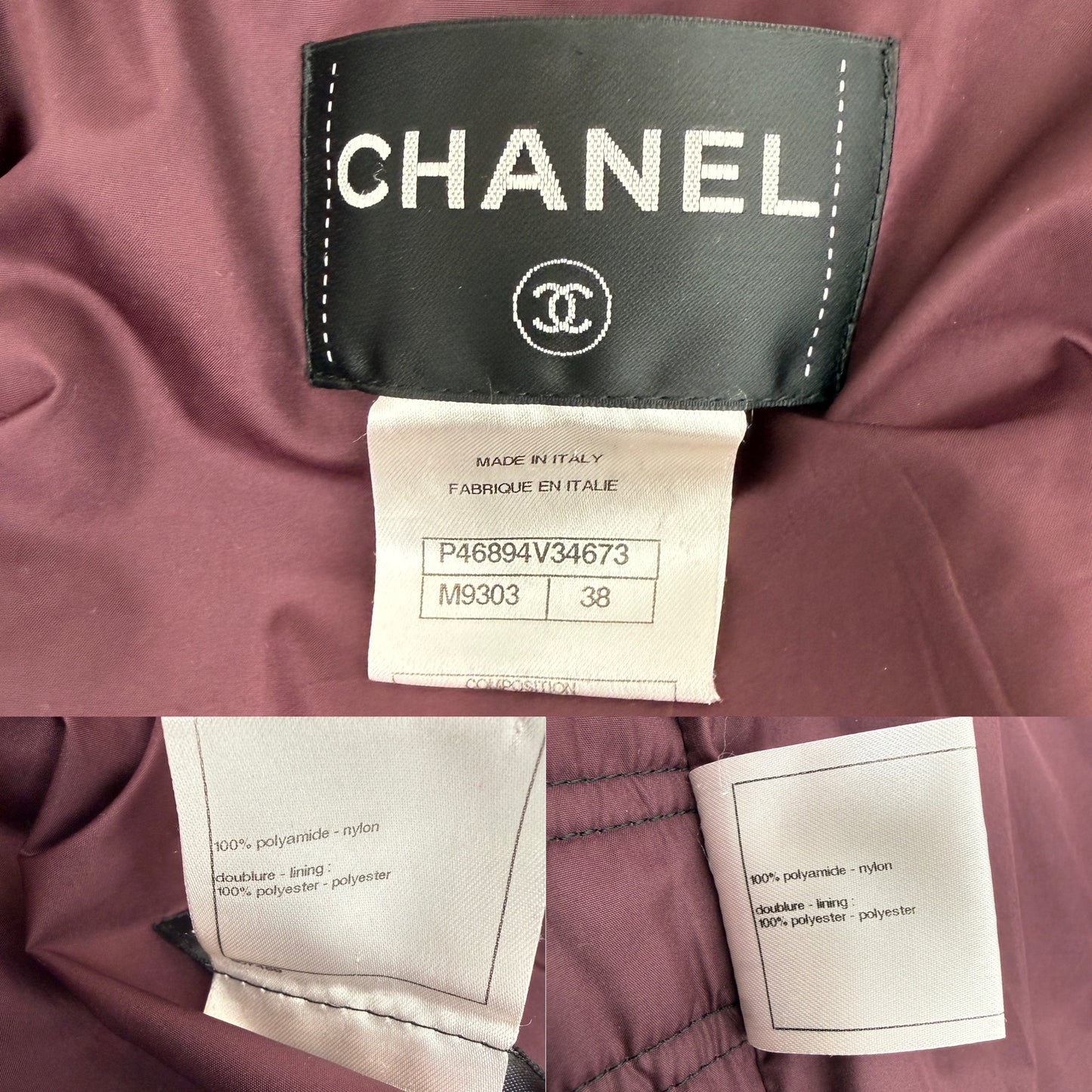 CHANEL Tweed Print Navy Beige Burgundy Nylon Zip Hooded Jacket 38