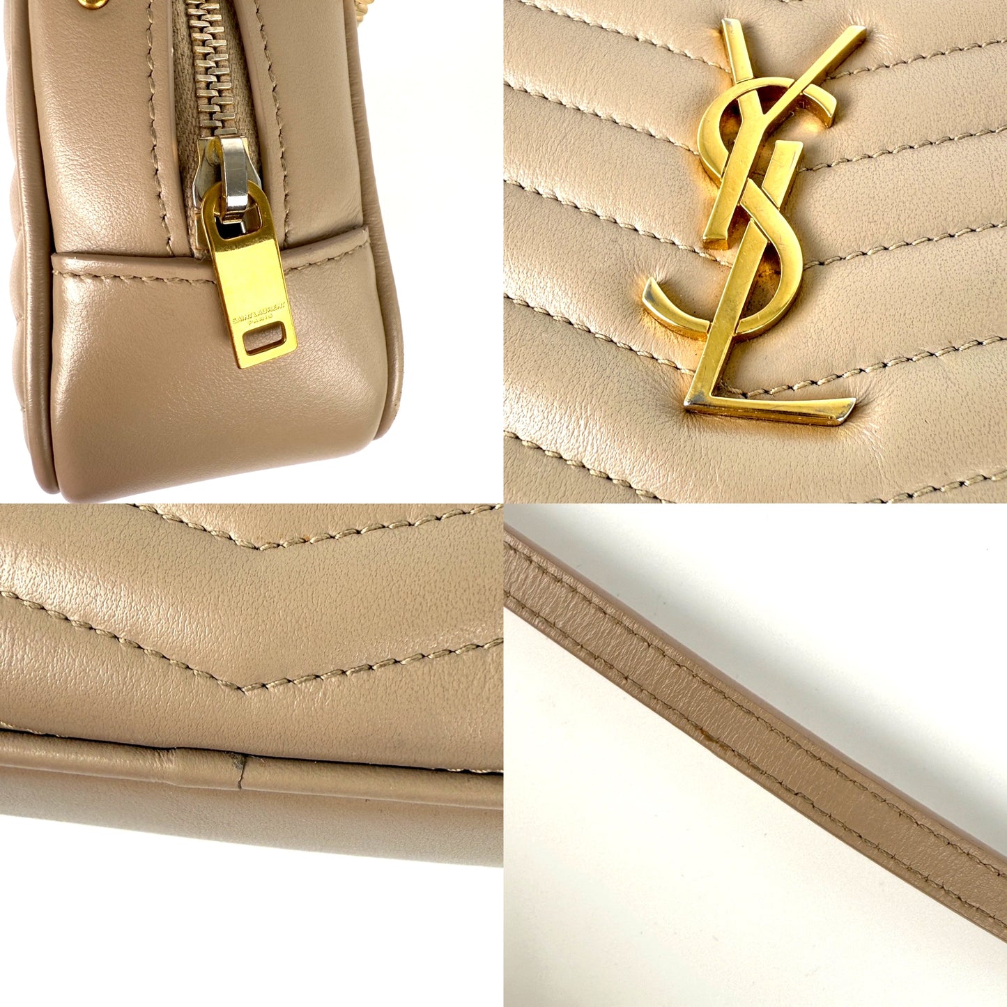 Saint Laurent Mini Lou Quilted Beige Leather Camera Chain Crossbody Bag