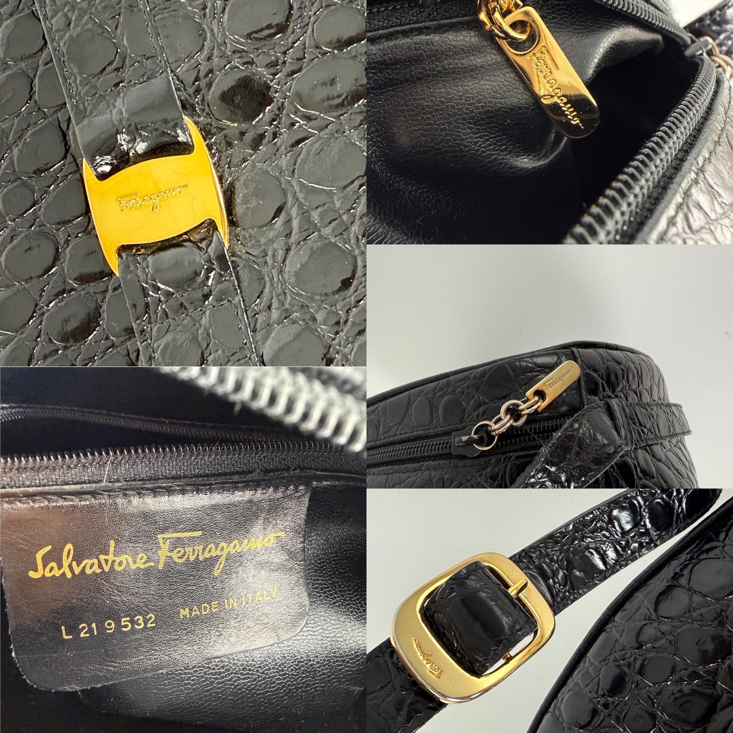 Salvatore Ferragamo Vara Black Croc Embossed Leather Crossbody Bag