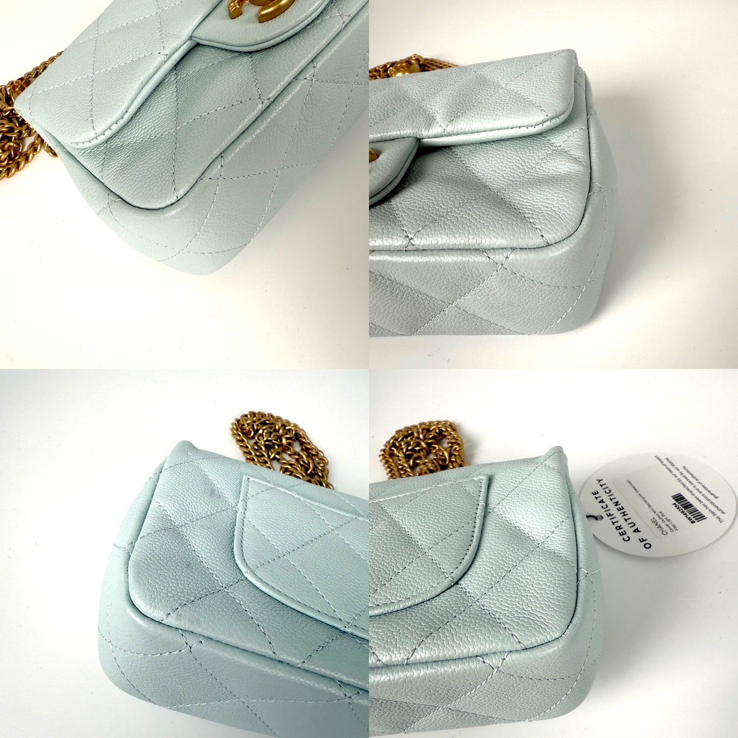 CHANEL Mini Rectangular Sweetheart Quilted Caviar Light Blue Flap Bag