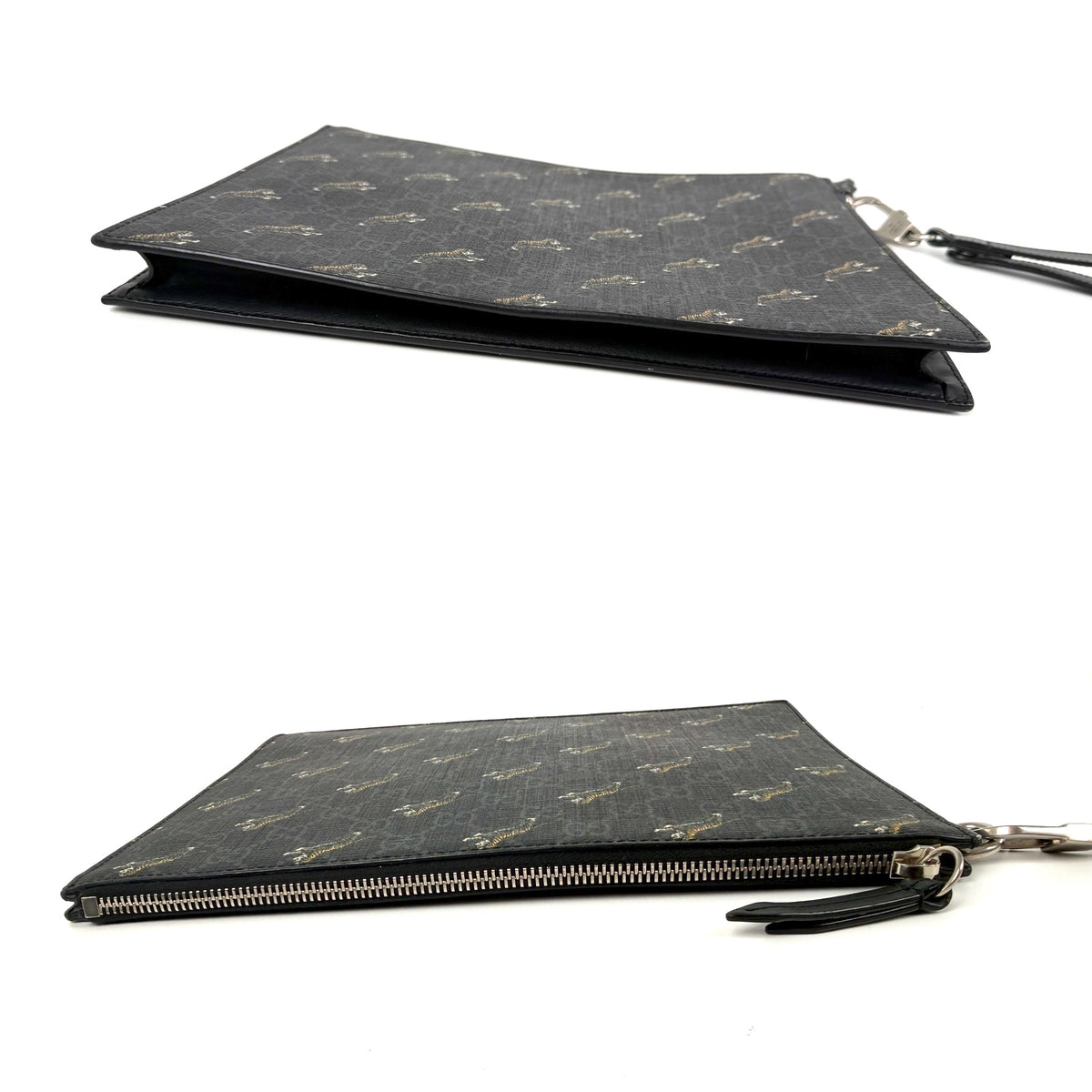 GUCCI Black Tiger Print Gucci GG Supreme Canvas Leather Pouch Clutch Wristlet