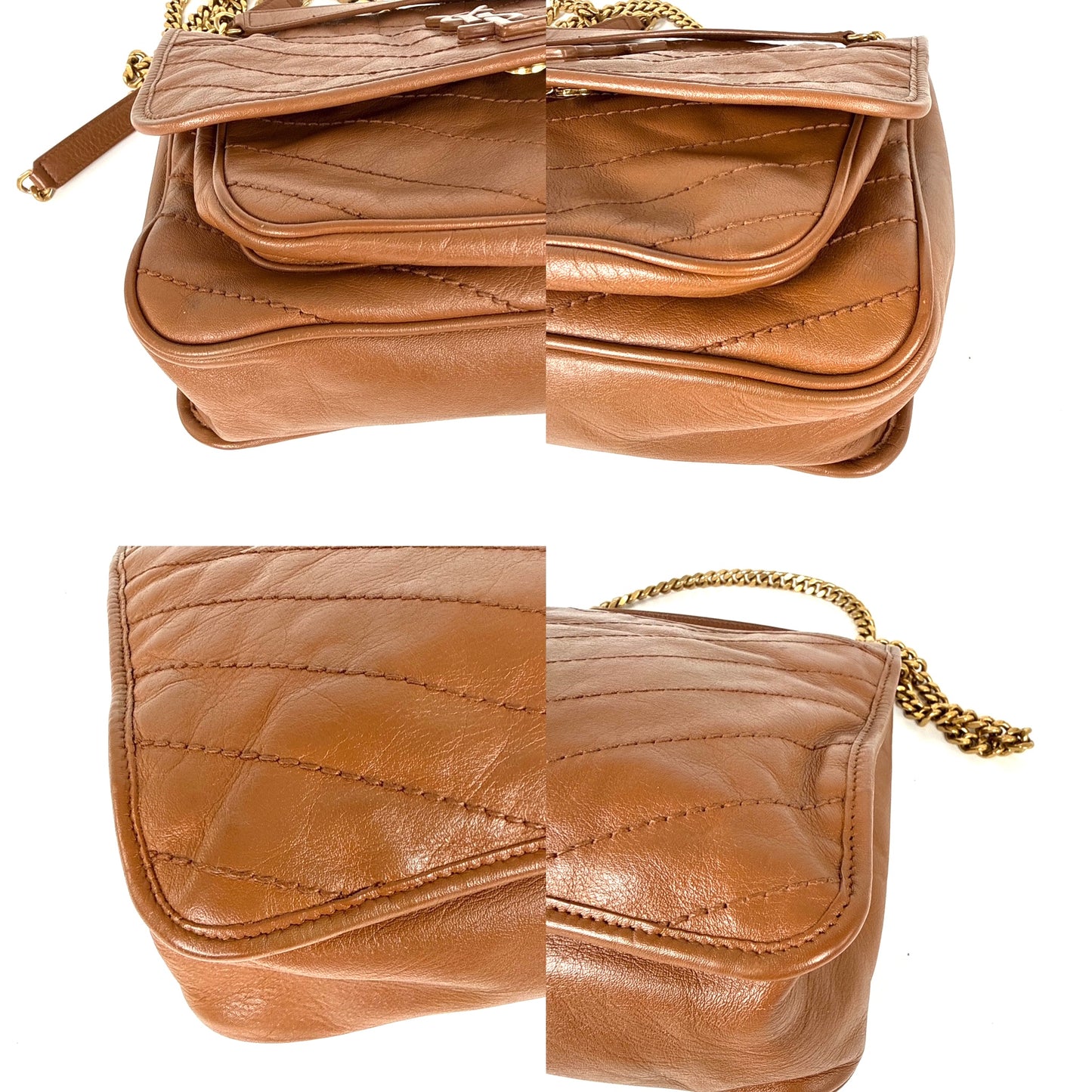 Saint Laurent YSL Niki Crinkled Calfskin Matelasse Monogram Brown Leather Crossbody Bag