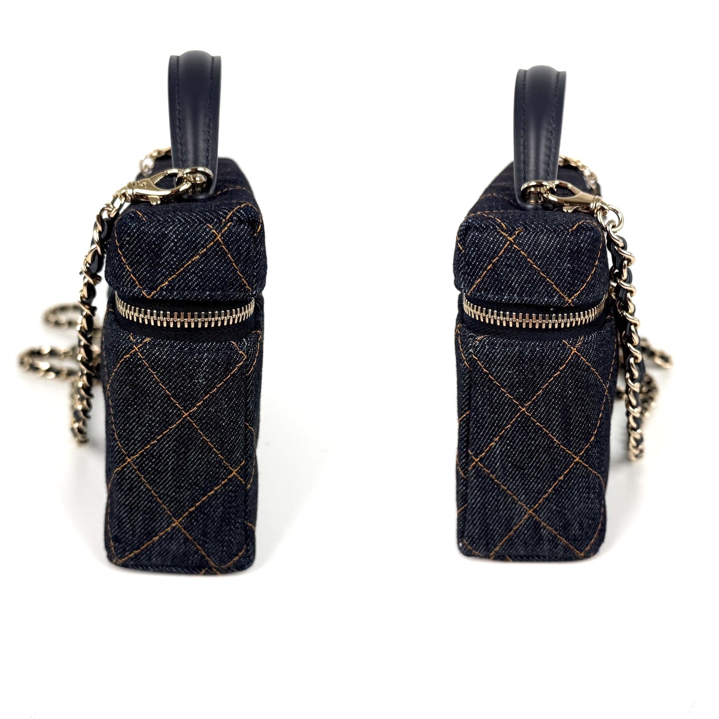 CHANEL Long Classic Vanity Dark Denim Quilted Zip Top Handle Crossbody with Chain Bag New