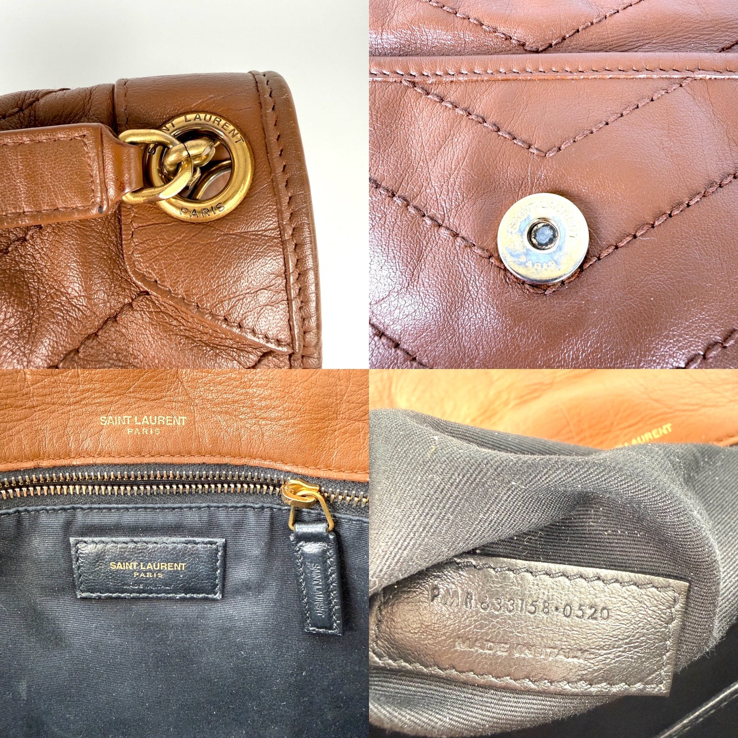 Saint Laurent YSL Niki Crinkled Calfskin Matelasse Monogram Brown Leather Crossbody Bag