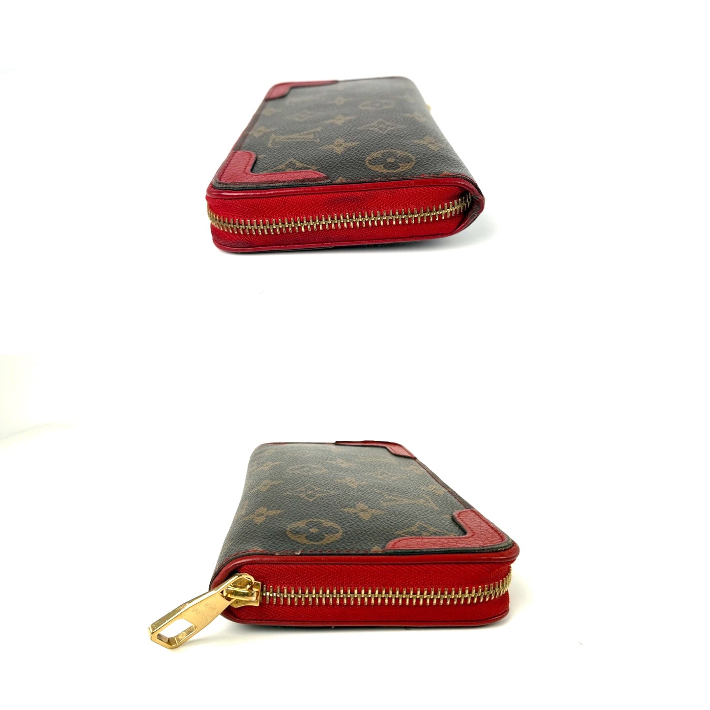 LOUIS VUITTON Retiro Monogram Coated Canvas Red Leather Zip Long Wallet