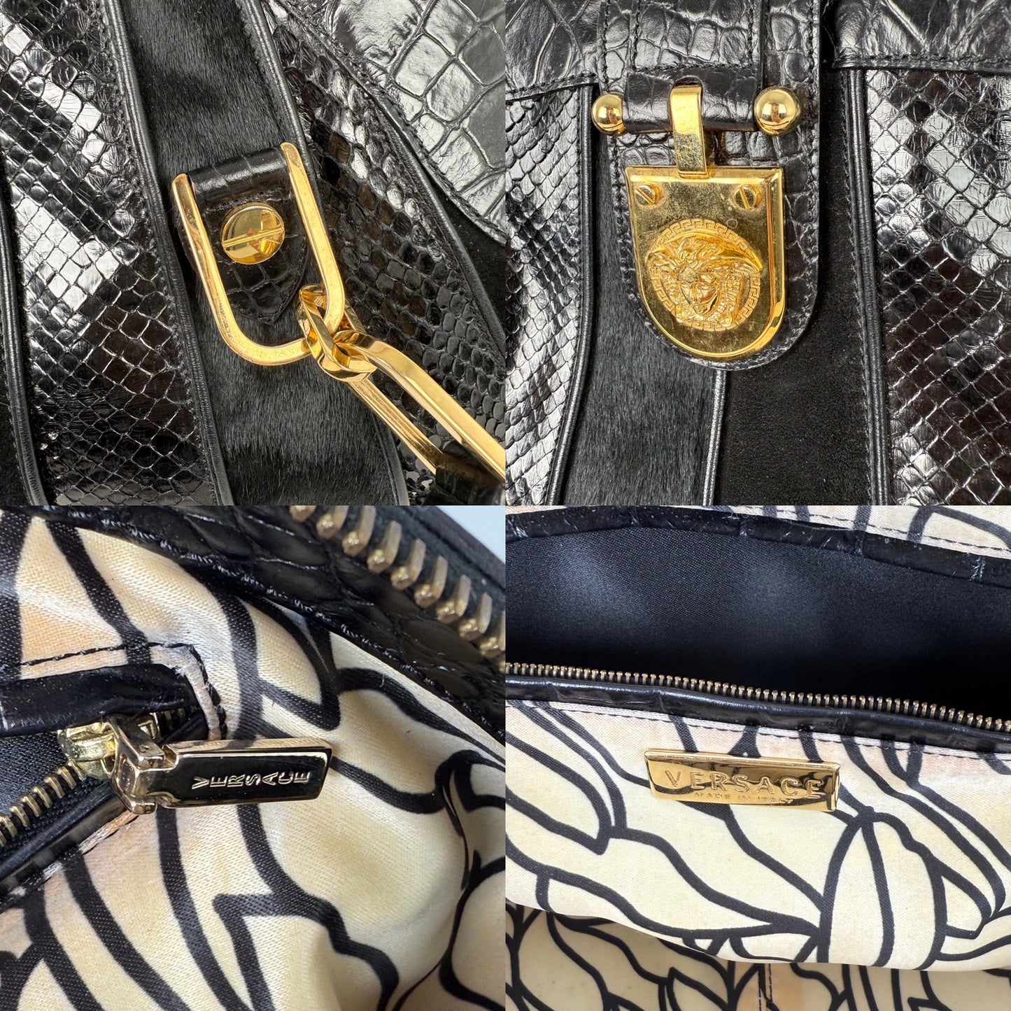 Vintage Versace Medusa Snakeskin Calfhair Suede Top Handle Satchel Black Dome Bag