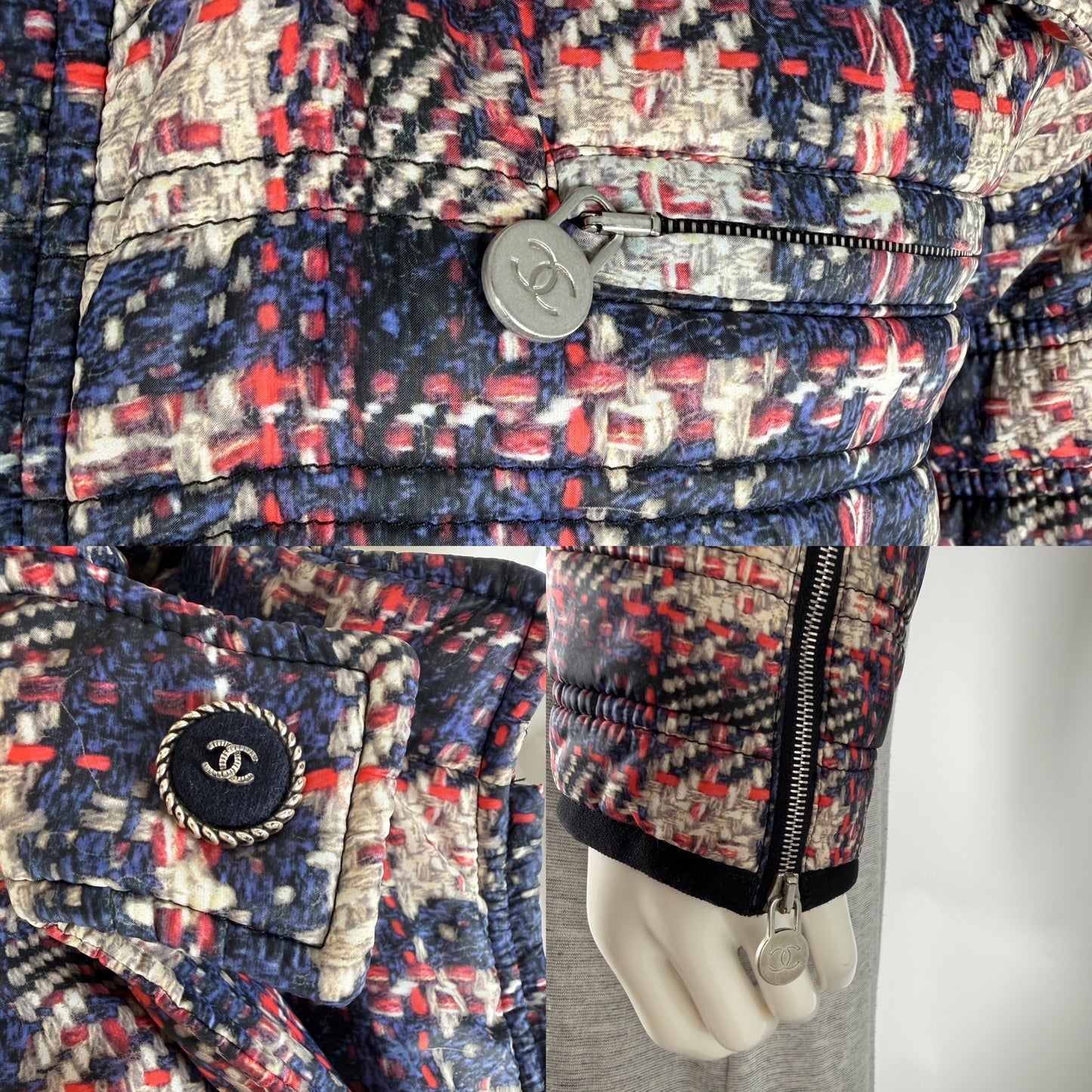 CHANEL Tweed Print Navy Beige Burgundy Nylon Zip Hooded Jacket 38