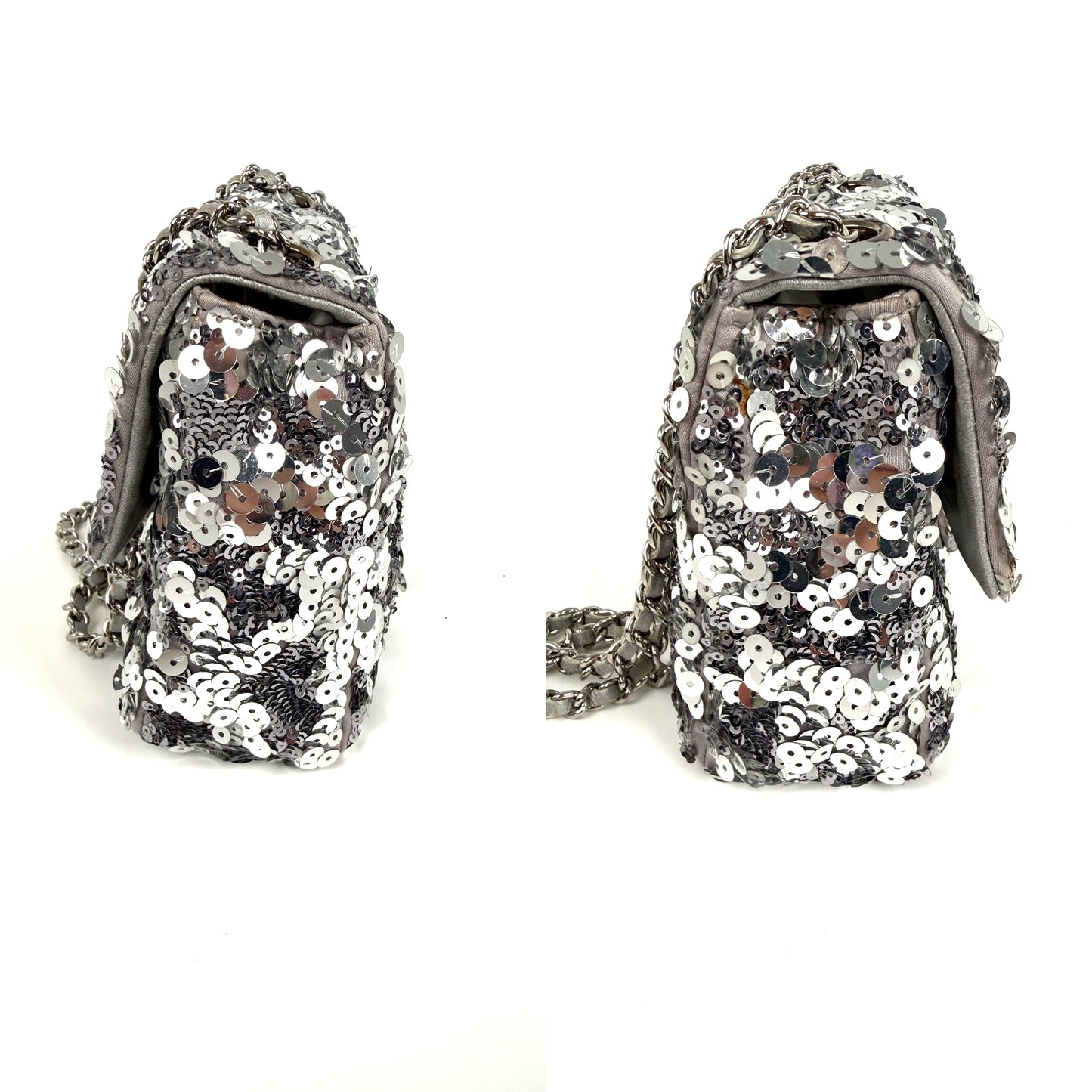 CHANEL Classic Rectangular Mini Sequin Silver Single Flap Crossbody Bag