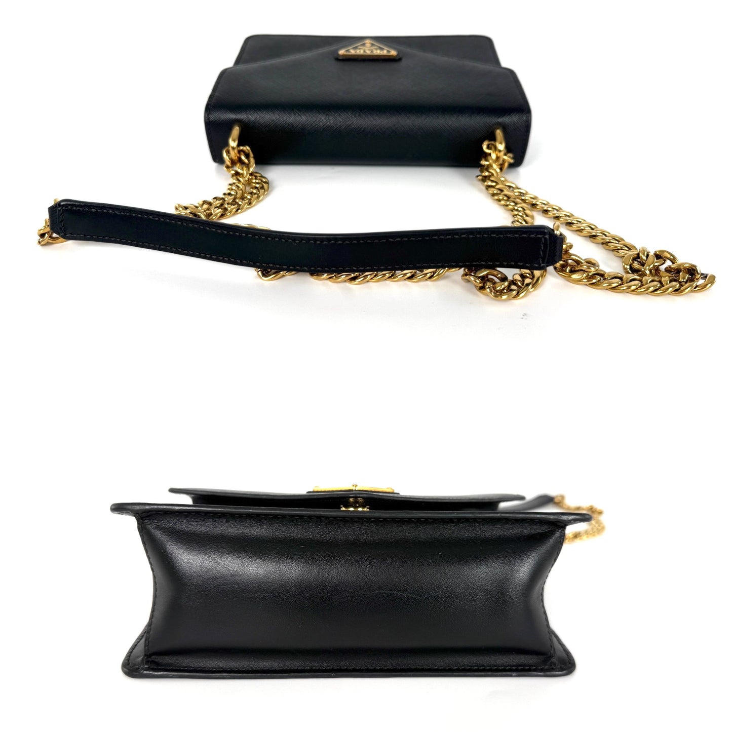 Prada Envelope Saffiano Soft Calfskin Flap Chain Metal Triangle Logo Black Leather Shoulder Crossbody Bag