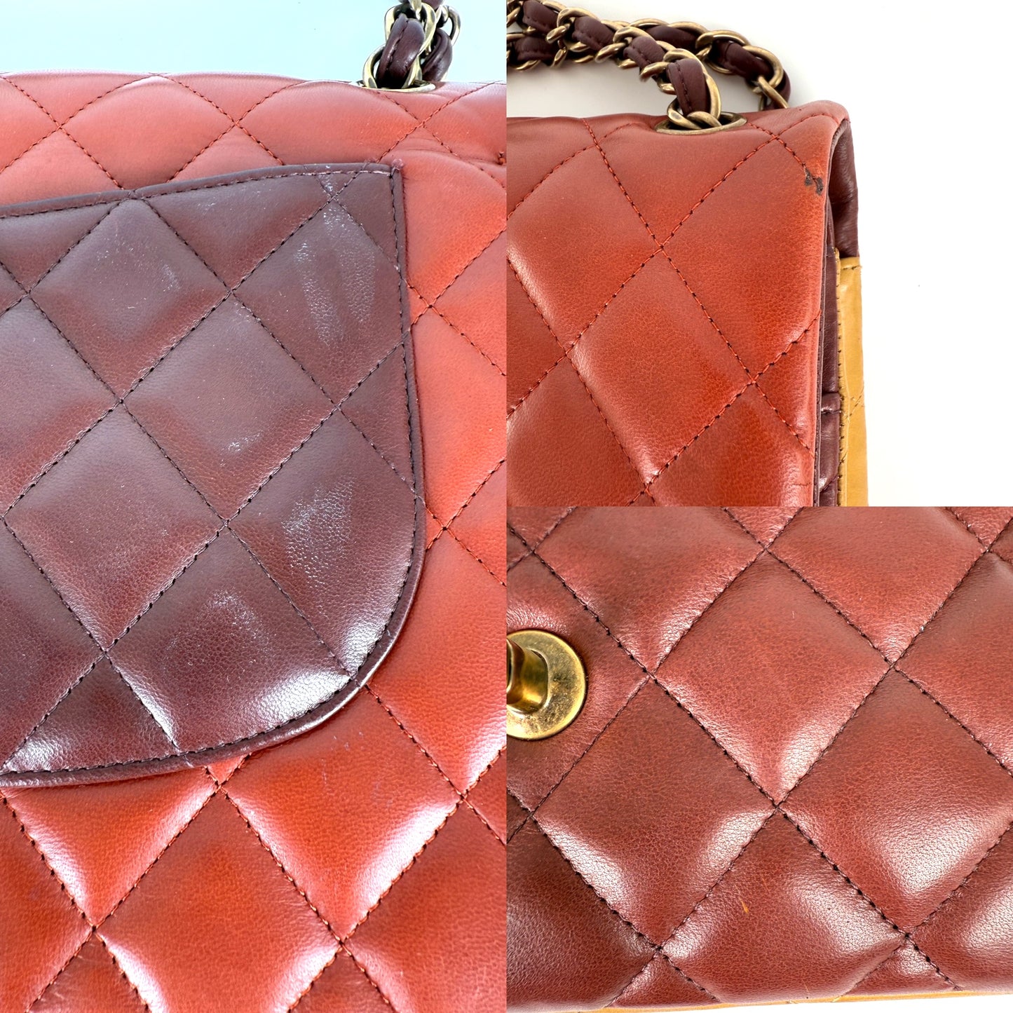 CHANEL Classic Jumbo Quilted Lambskin Tri-Color Burgundy Yellow Red Double Flap Shoulder Crossbody Bag