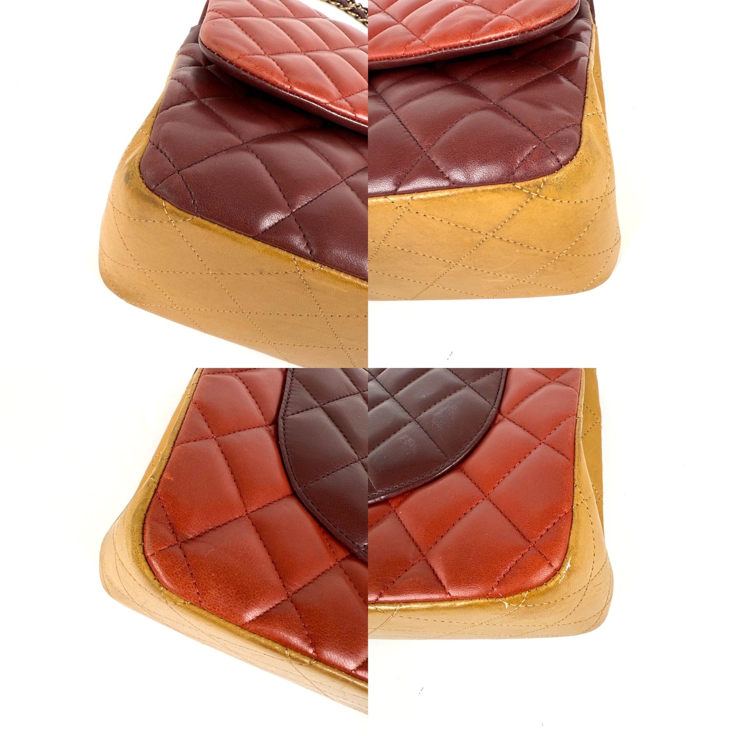 CHANEL Classic Jumbo Quilted Lambskin Tri-Color Burgundy Yellow Red Double Flap Shoulder Crossbody Bag