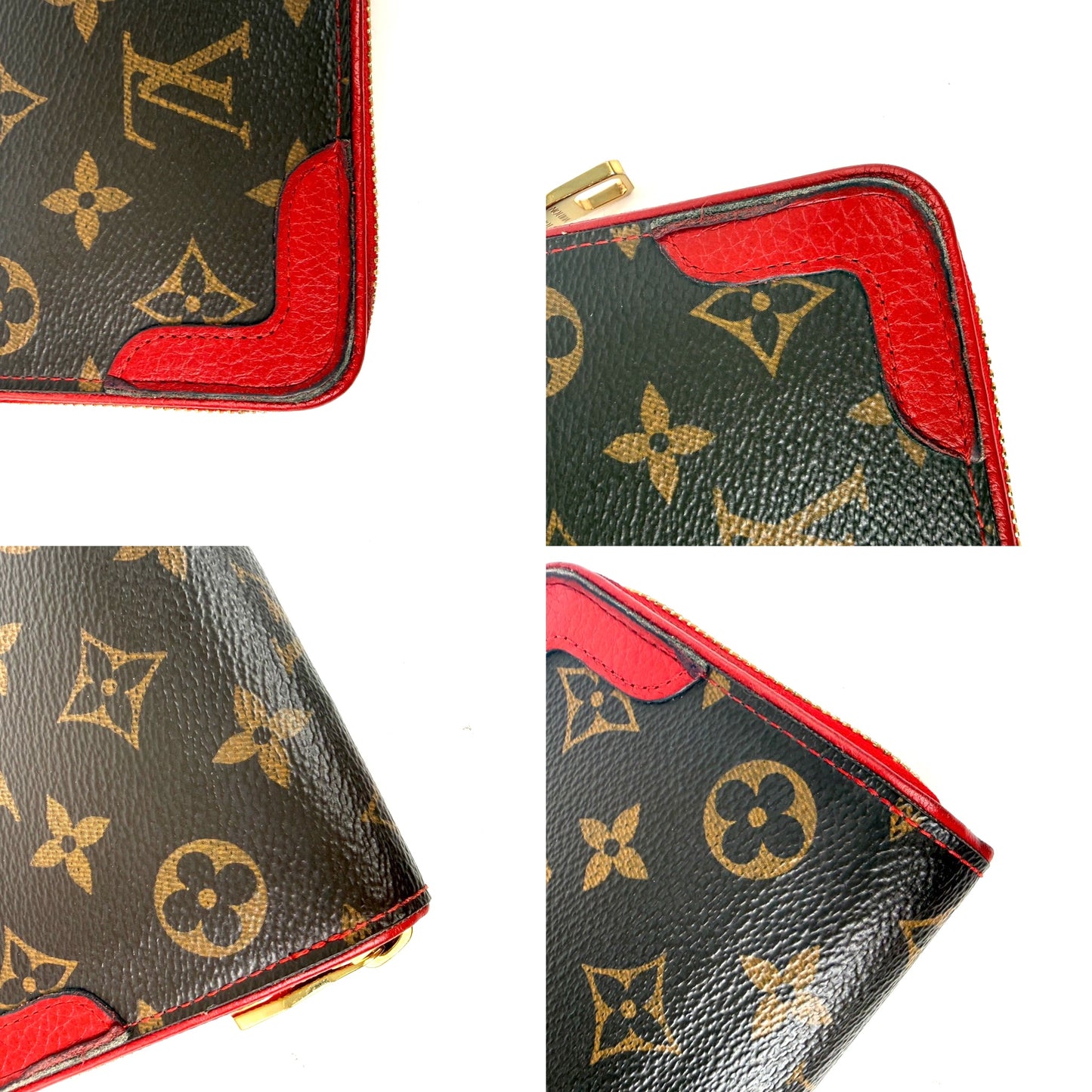 LOUIS VUITTON Retiro Monogram Coated Canvas Red Leather Zip Long Wallet