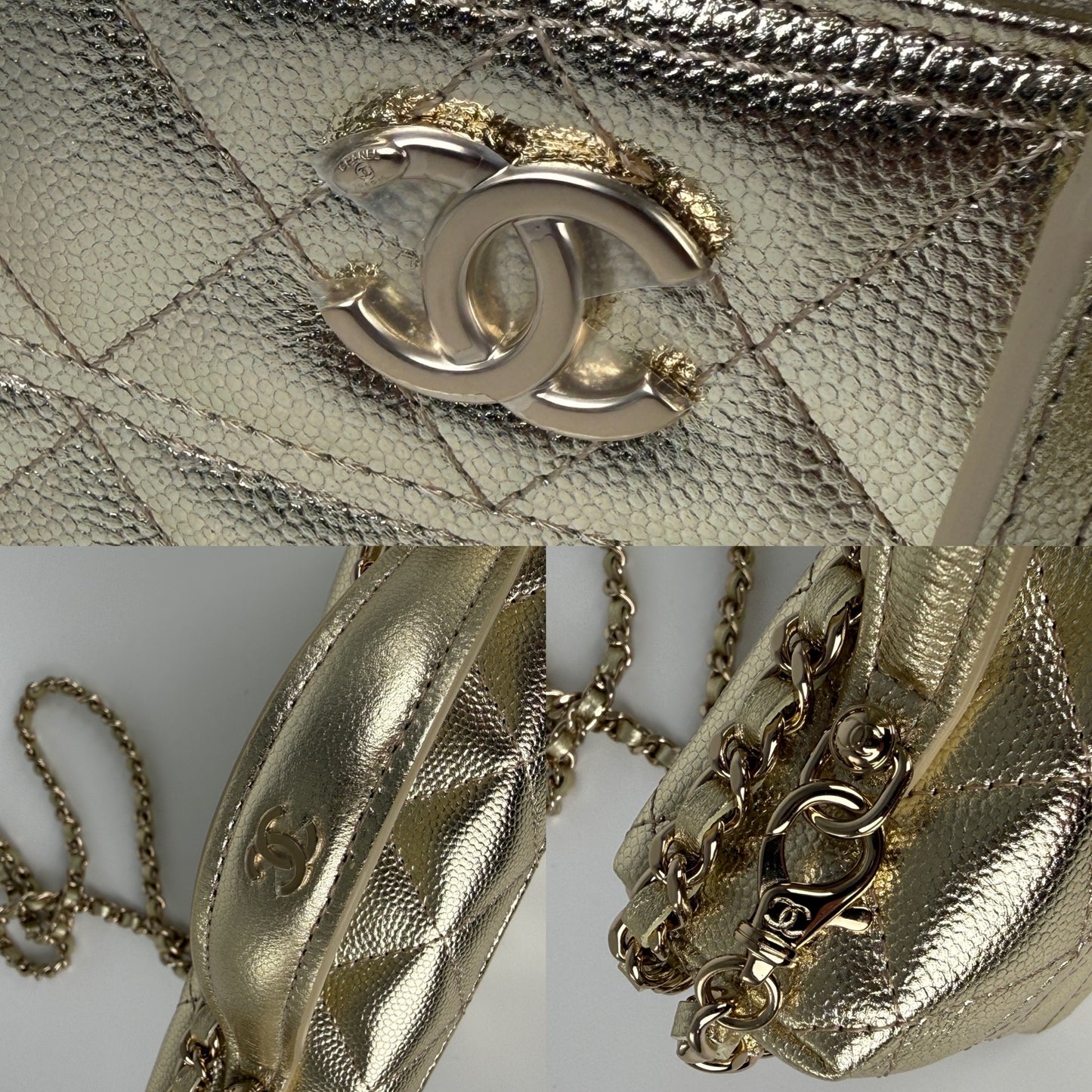 CHANEL Long Classic Vanity Light Gold Caviar Quilted Zip Top Handle Crossbody with Chain Bag New