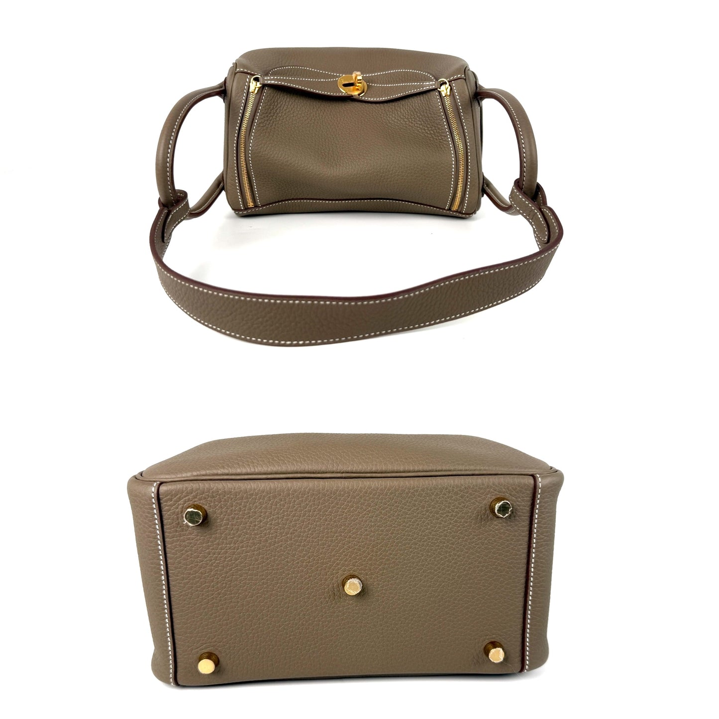 HERMES Lindy 26 Etoupe Taurillon Clemence Leather 2025 Gold Hardware Zip Shoulder Bag