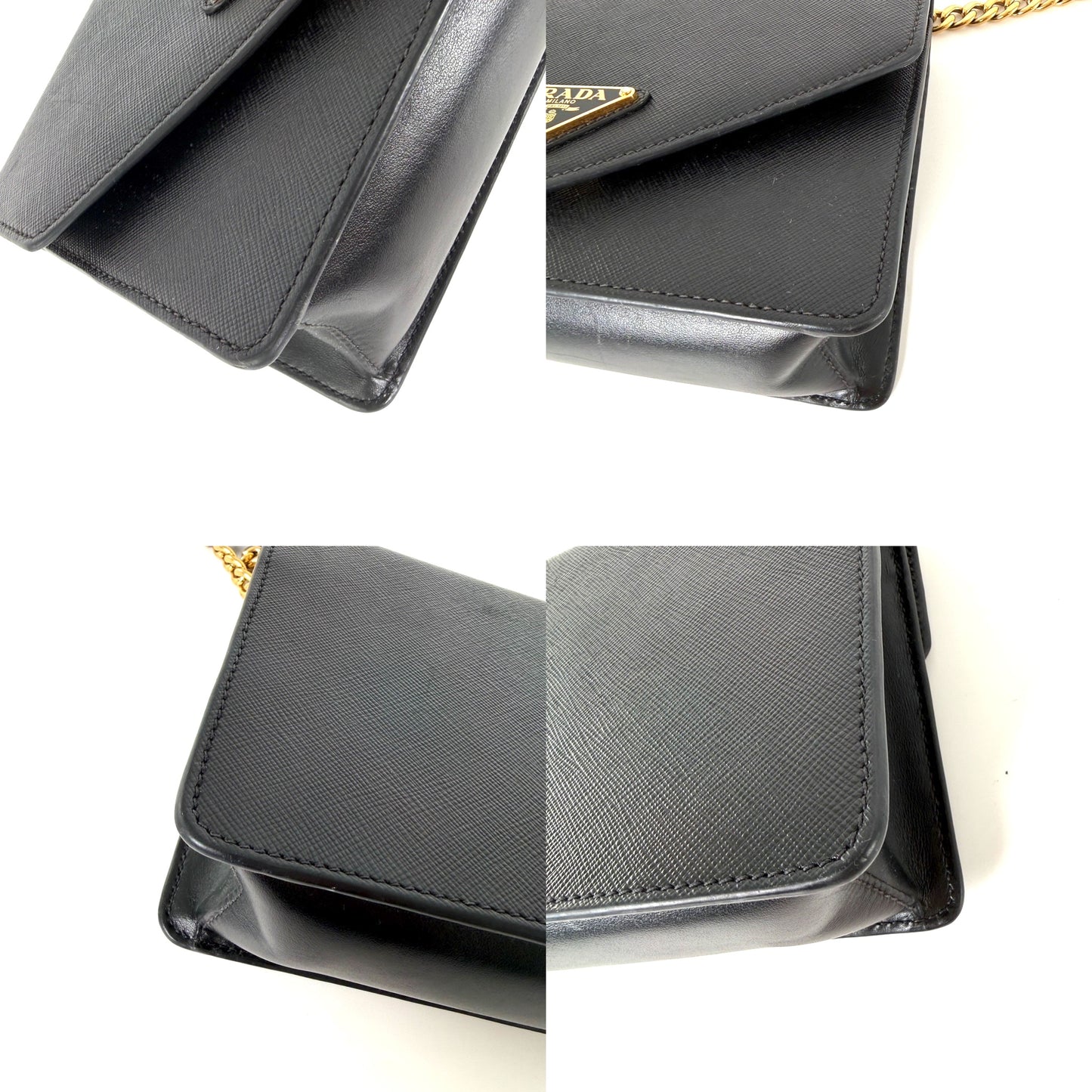 Prada Envelope Saffiano Soft Calfskin Flap Chain Metal Triangle Logo Black Leather Shoulder Crossbody Bag
