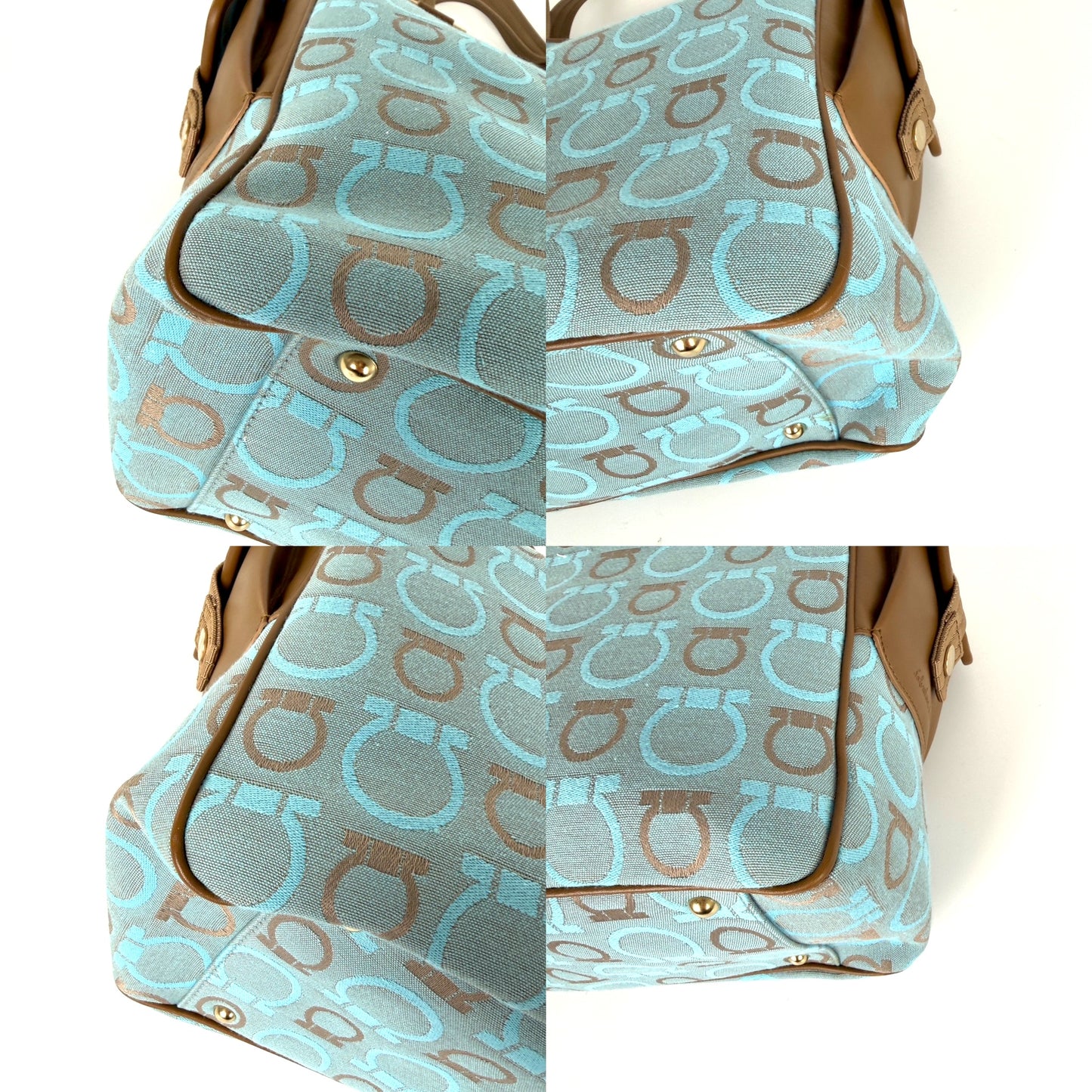 Salvatore Ferragamo Fabric Logo Gancini Blue Brown Tote Bag