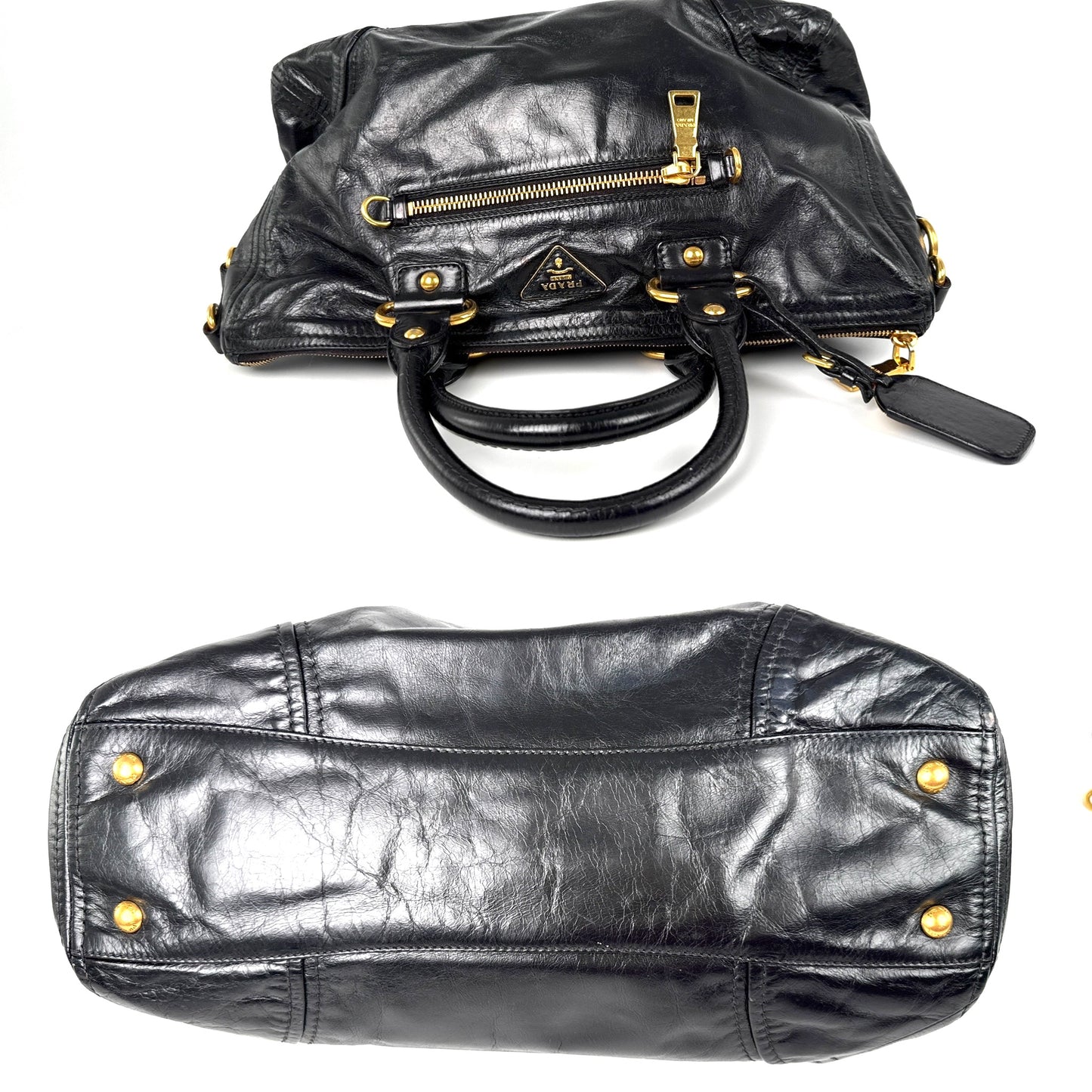 Prada Vitello Baltico Black Leather East West Tote Crossbody Bag