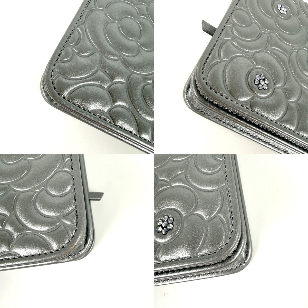 CHANEL Silver Crystal Camelia Embossed Wallet on Chain WOC Crossbody Bag