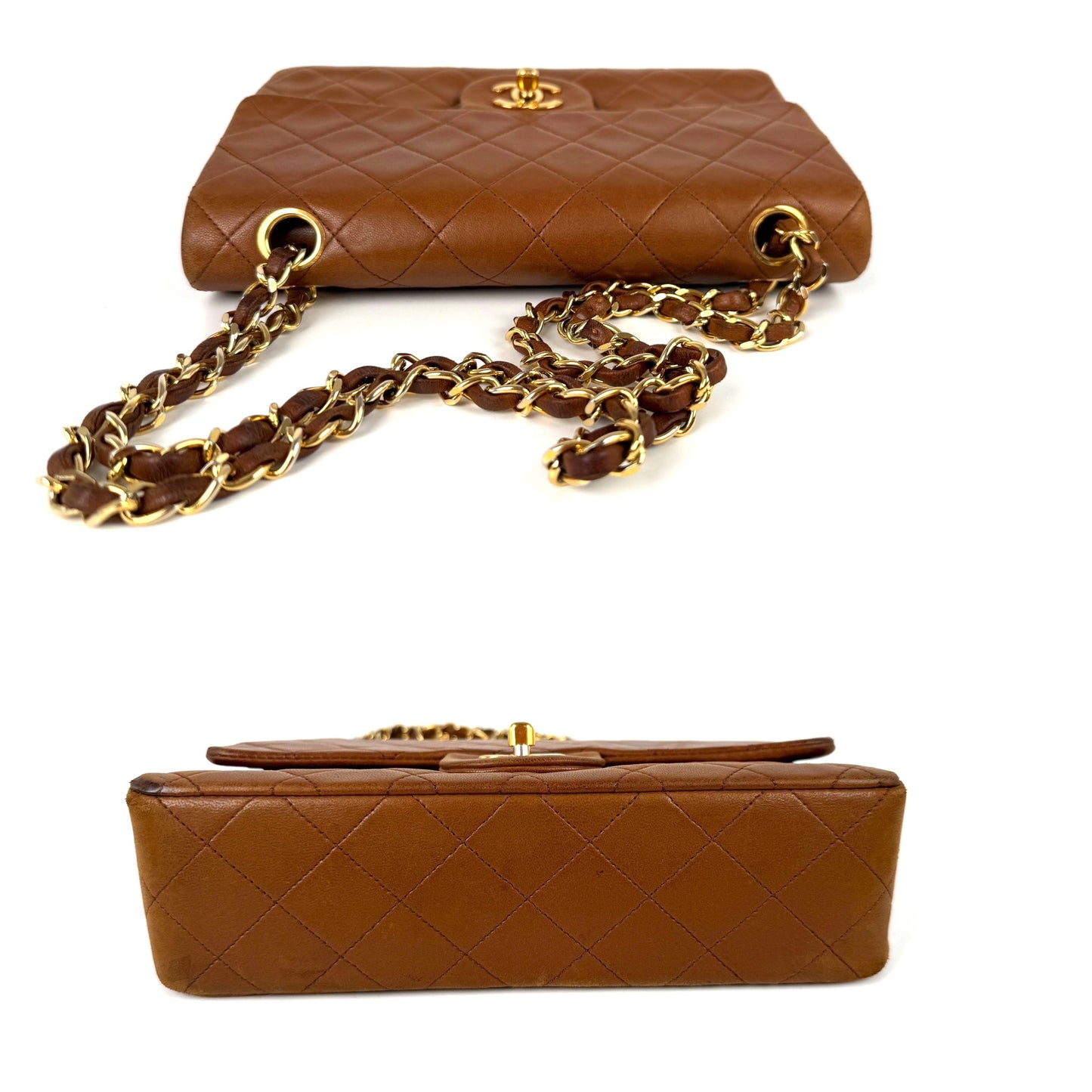Chanel Vintage Brown Small Lambskin Quilted Leather Gold Hardware Double Flap Shoulder Bag